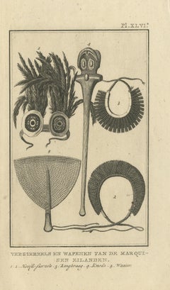 Antique Print depicting Weapon Decorations of the Marquesas by Cook '1803'