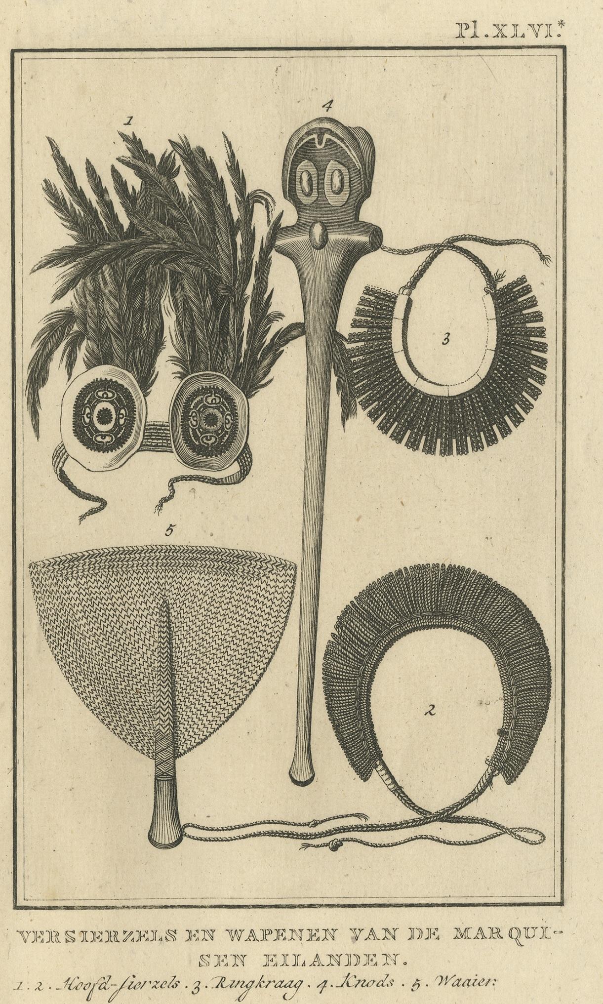 Dutch Antique Print depicting Weapon Decorations of the Marquesas by Cook '1803' For Sale