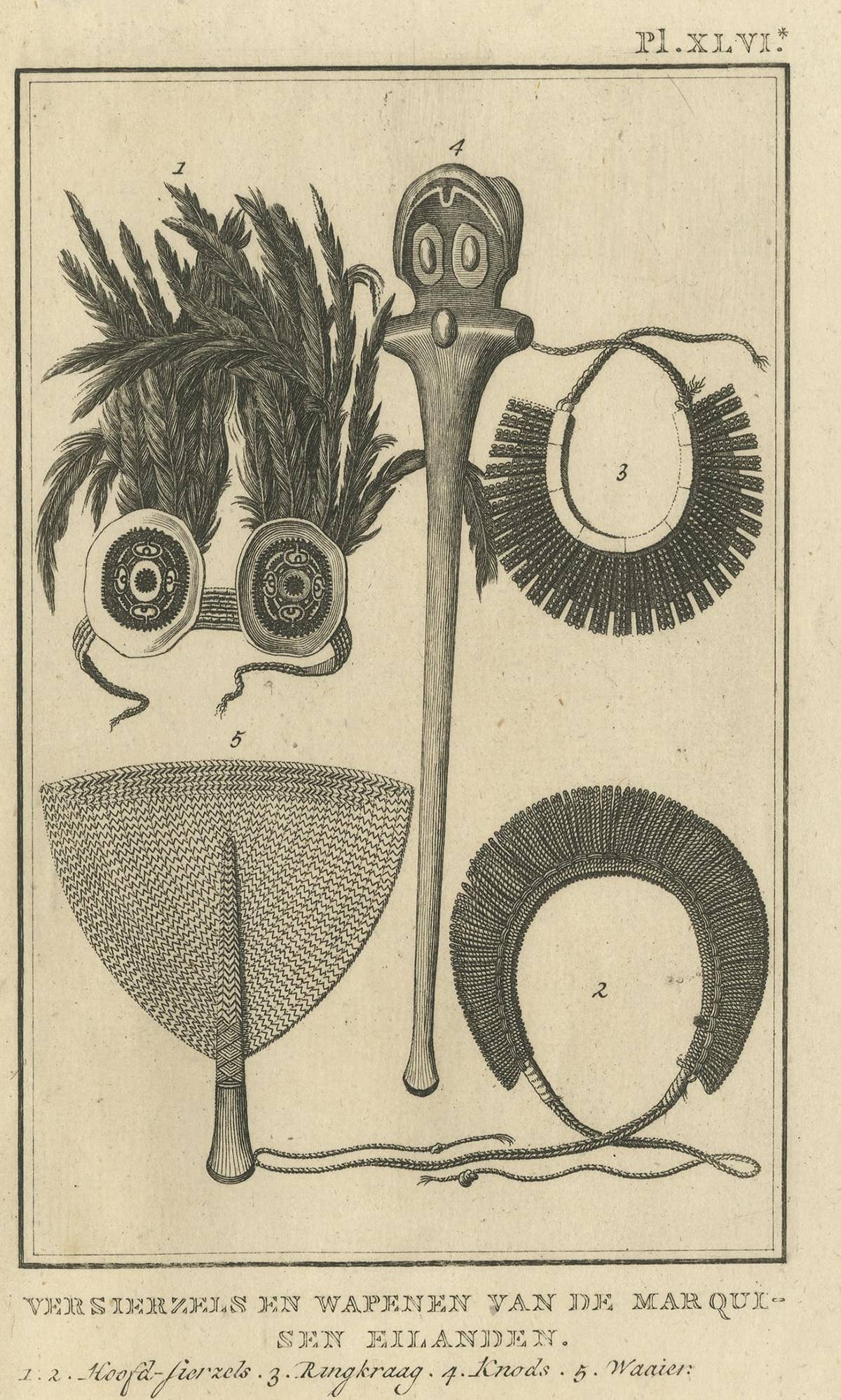 Antique Print depicting Weapon Decorations of the Marquesas by Cook '1803'