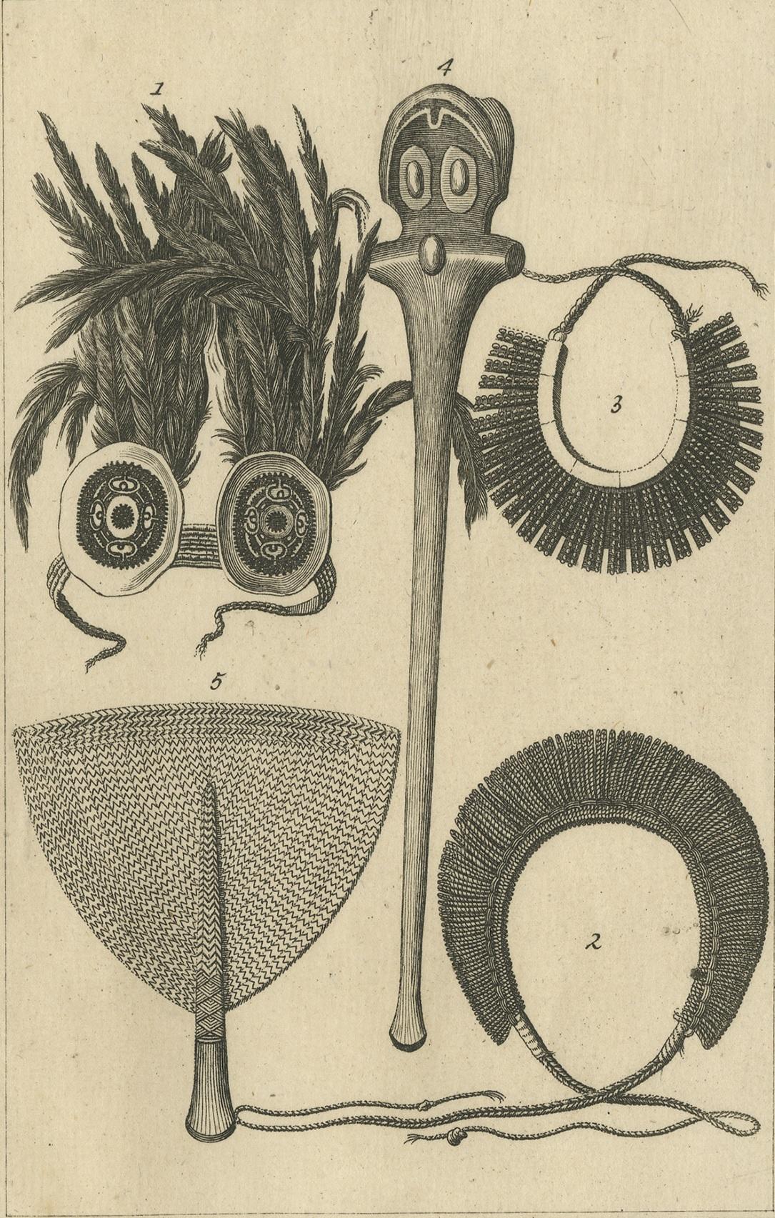 Engraved Antique Print depicting Weapon Decorations of the Marquesas by Cook '1803' For Sale