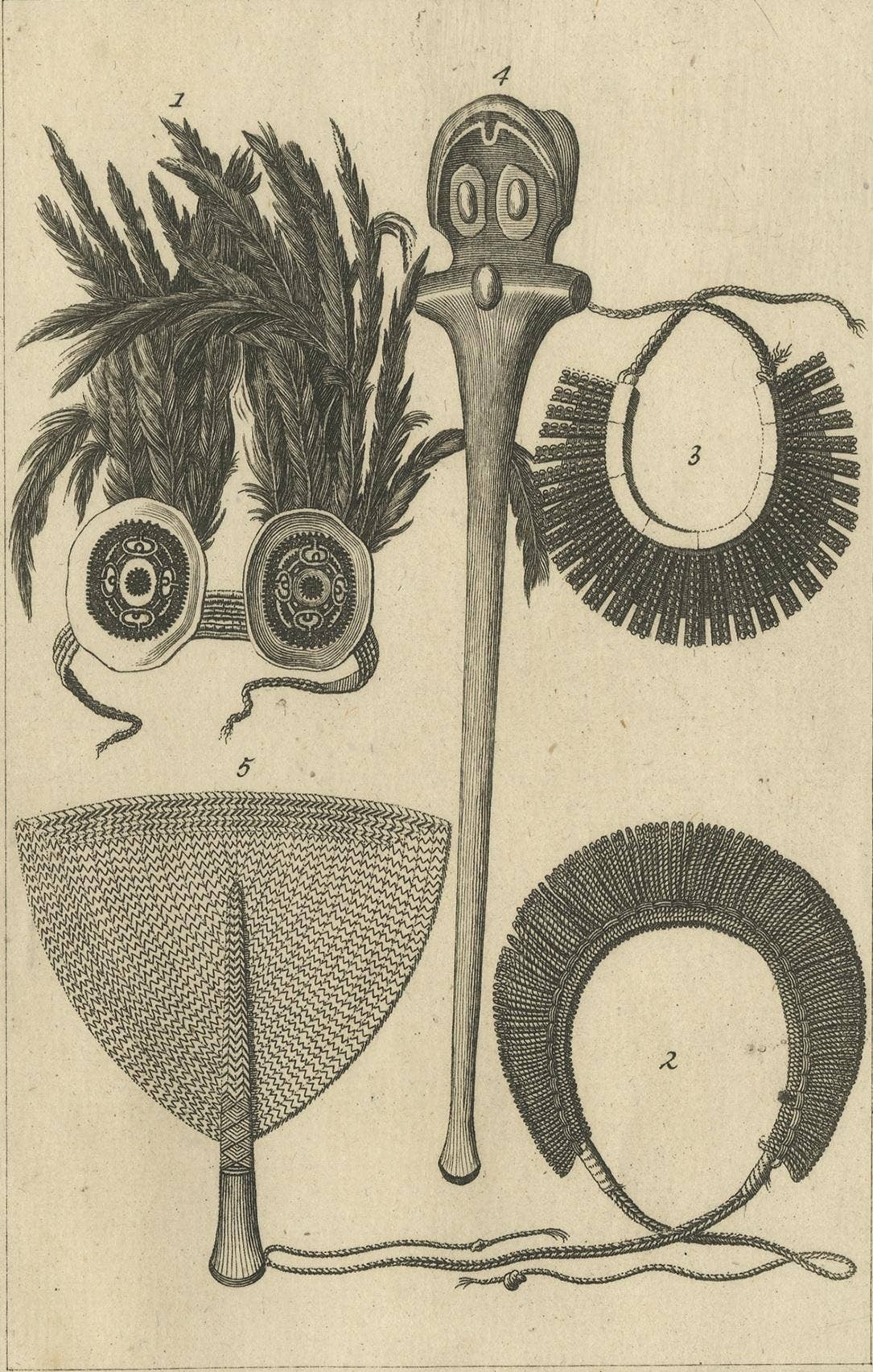 Antique Print depicting Weapon Decorations of the Marquesas by Cook '1803'