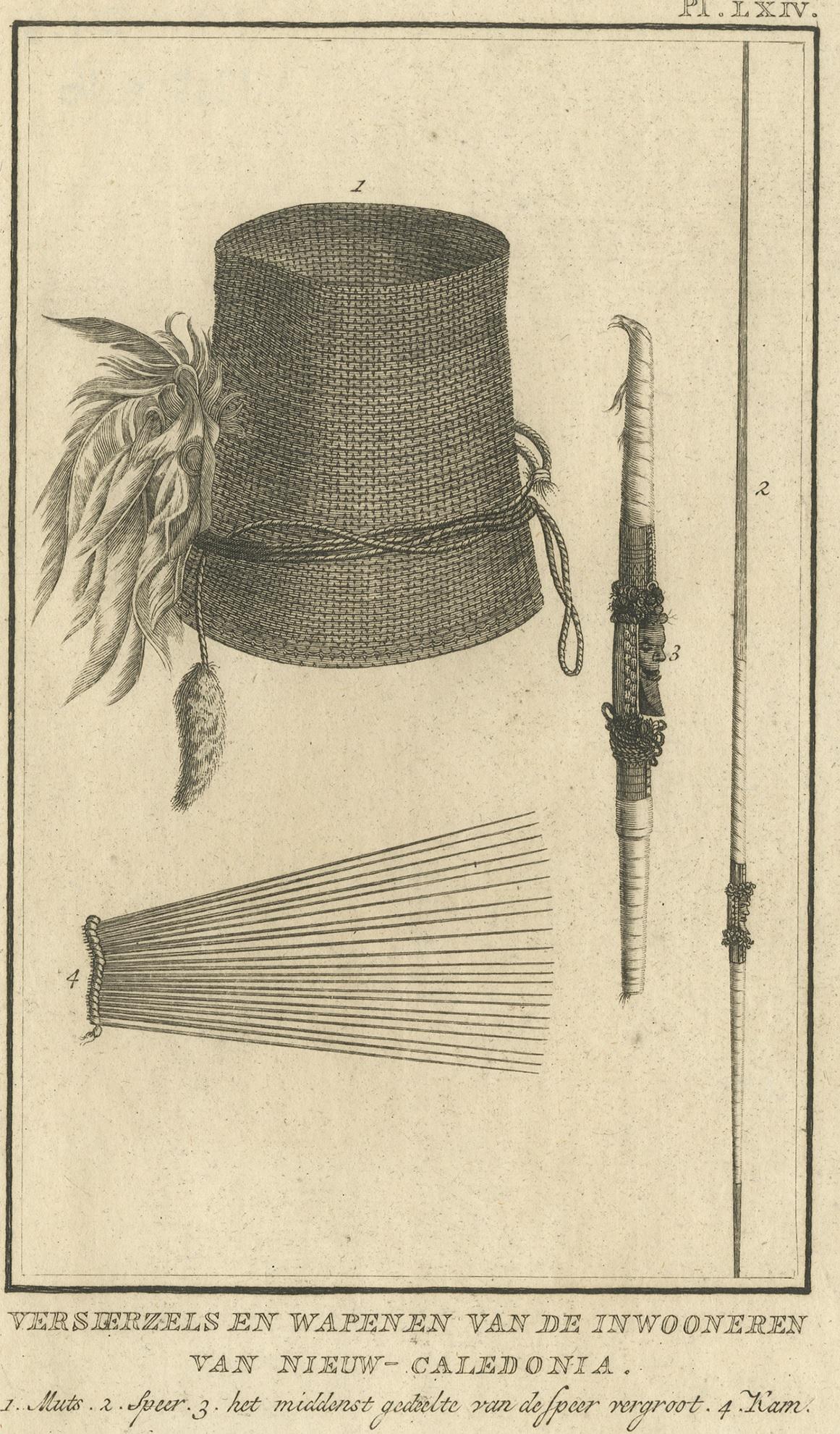 Antiker Druck mit Darstellung von Weapon-Dekorationen, hergestellt von Native Cook, 1803 (Niederländisch) im Angebot