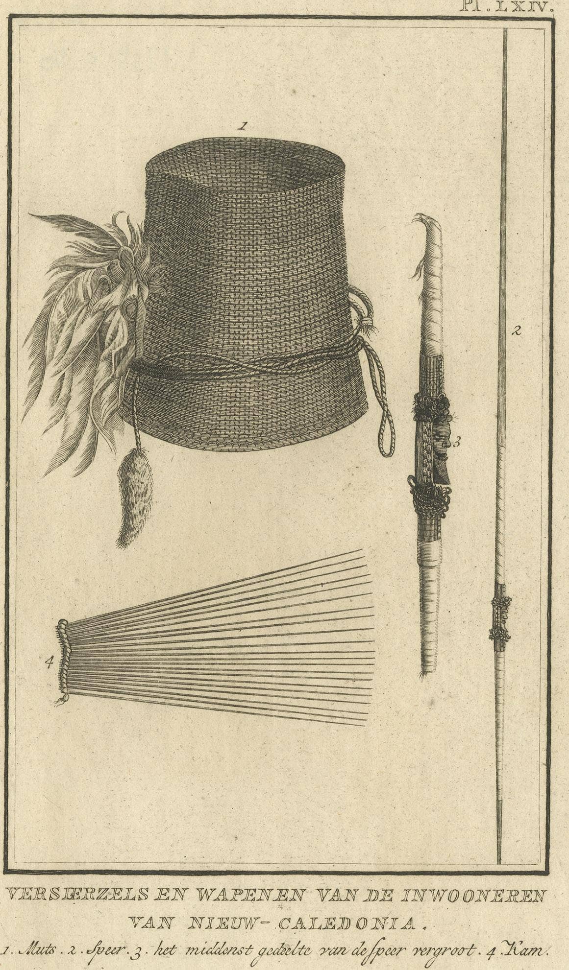 Antique Print Depicting Weapon Decorations Produced by Natives by Cook, 1803