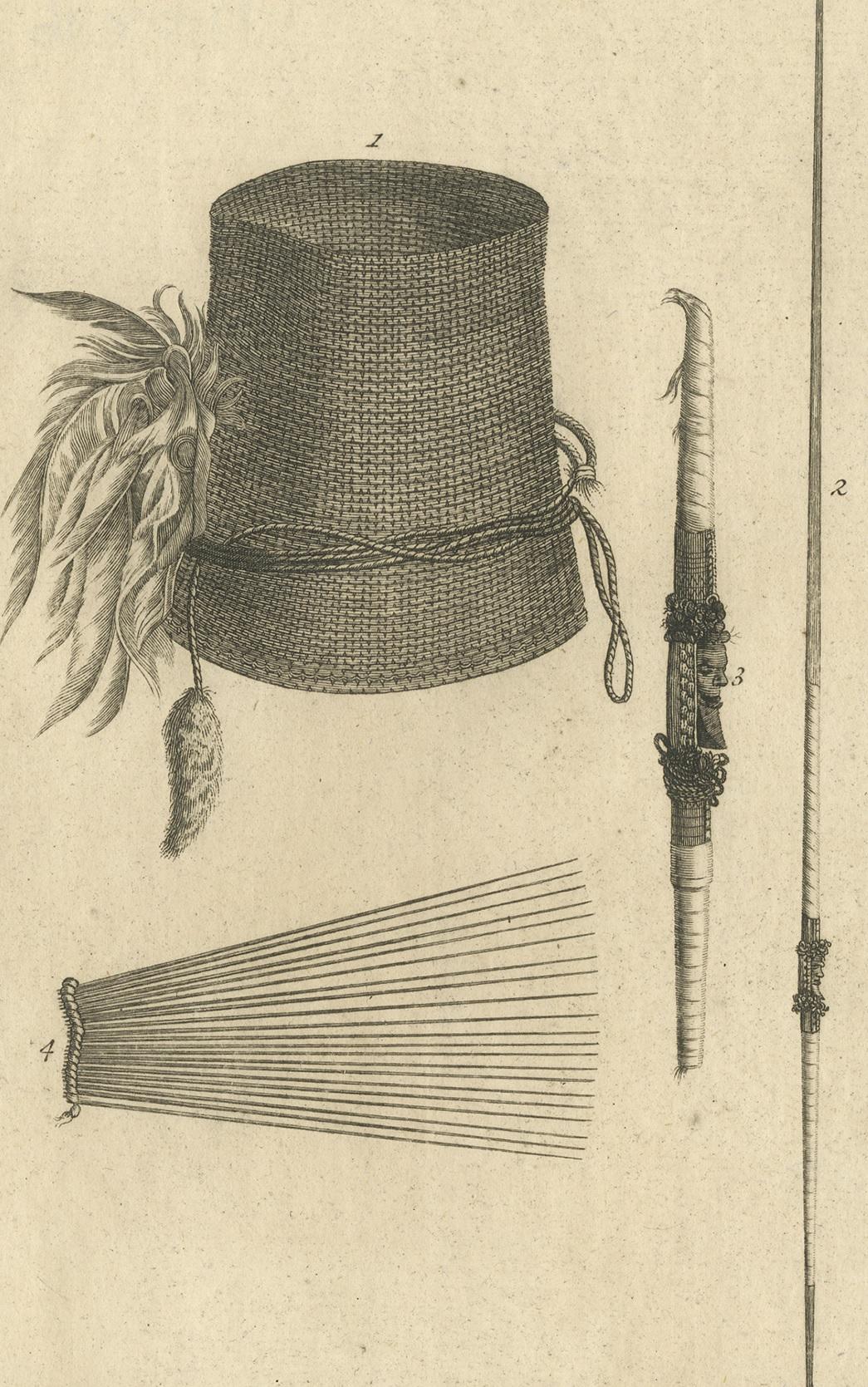 Engraved Antique Print Depicting Weapon Decorations Produced by Natives by Cook, 1803 For Sale