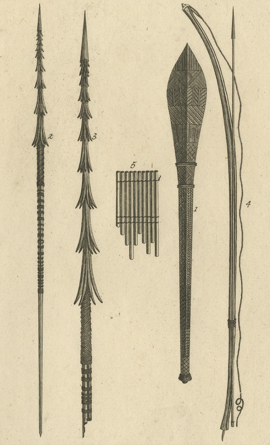 Grabado antiguo que representa armas de las Islas Amistosas, por Cook, 1803 en Bueno estado para la venta en Langweer, NL