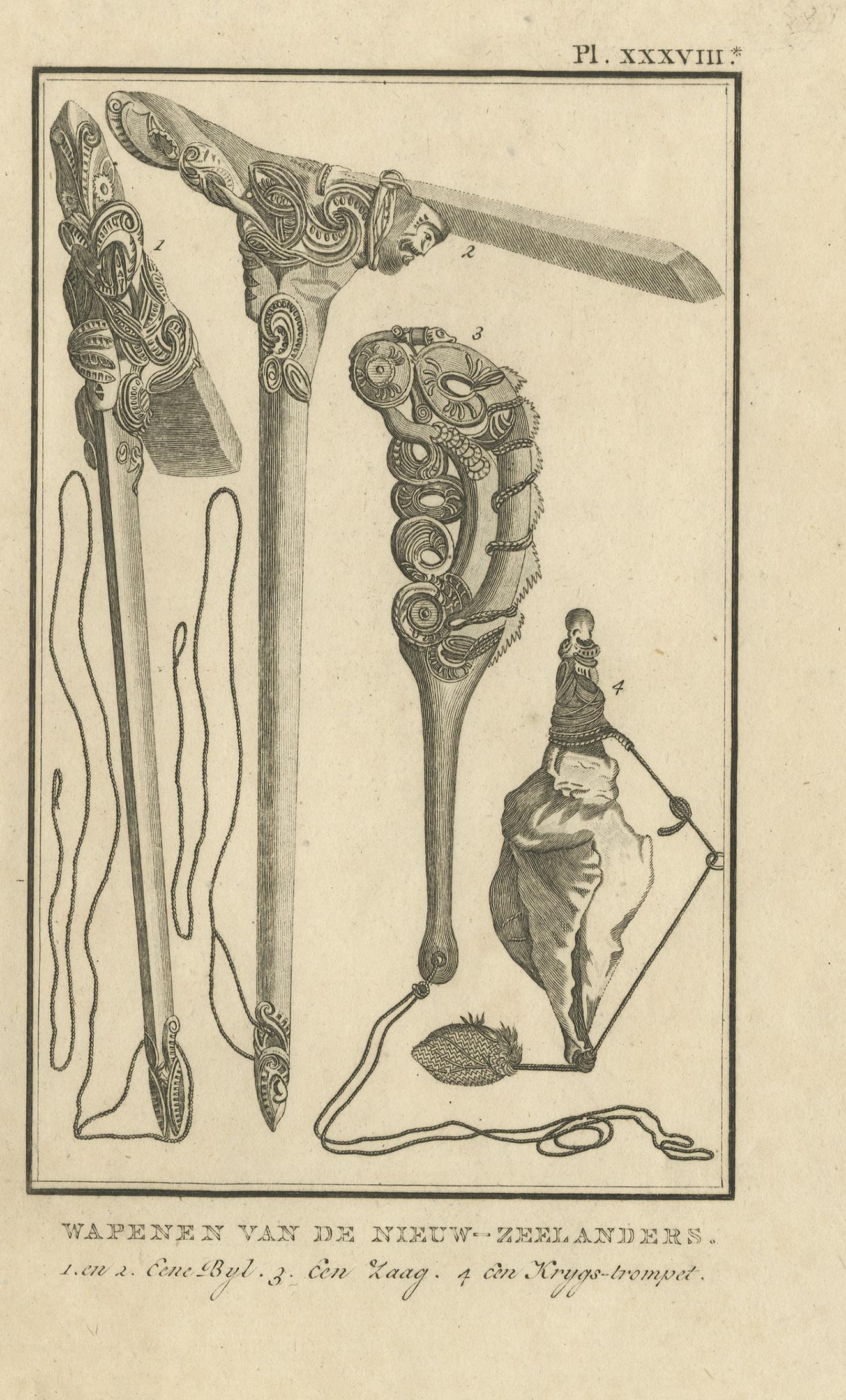 Antique Print Depicting Weapons of the New Zealand Inhabitants by Cook, 1803 For Sale