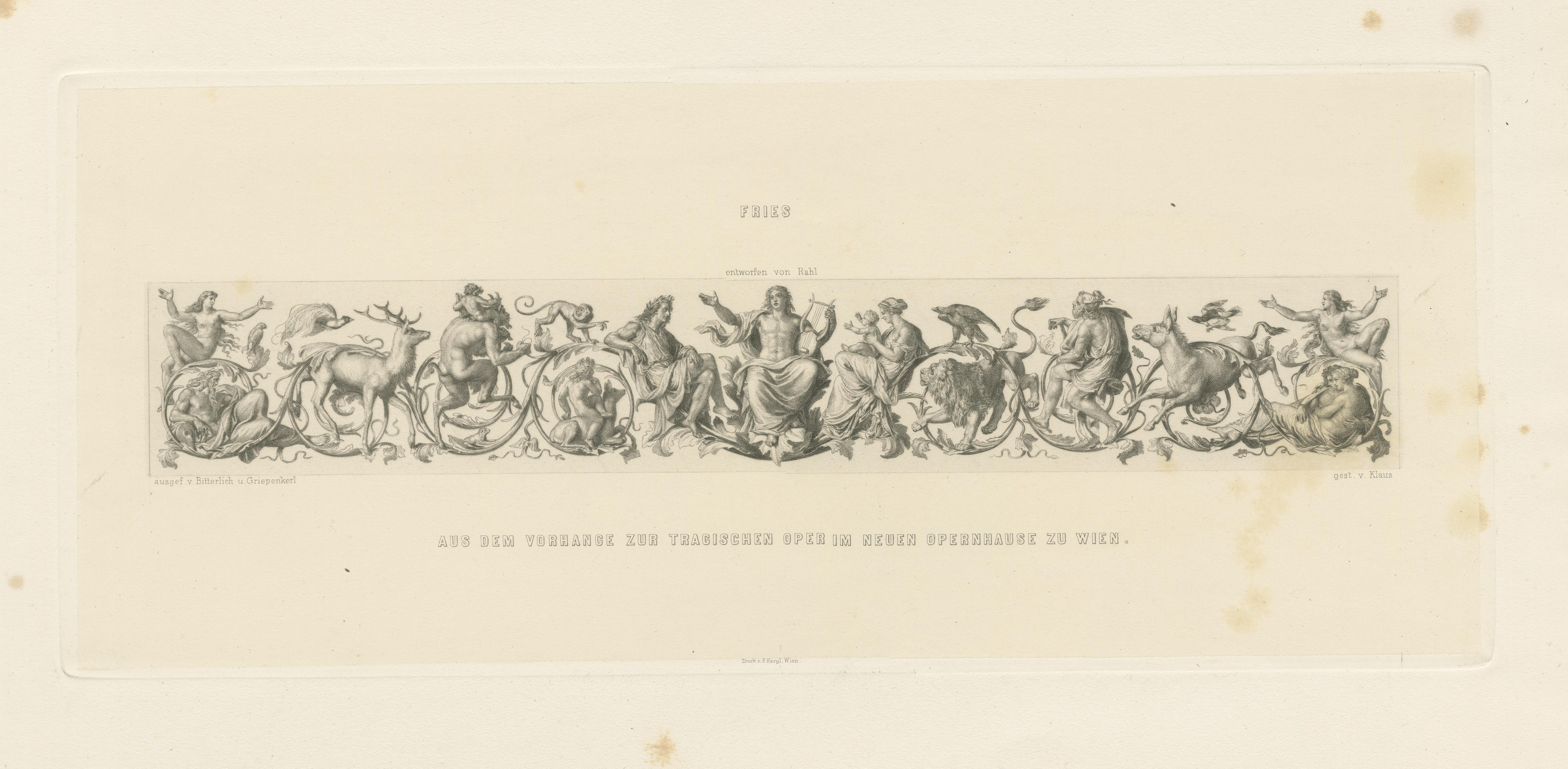 Antique Print 'Frieze' of the Curtain in the New Opera House in Vienna In Fair Condition For Sale In Langweer, NL