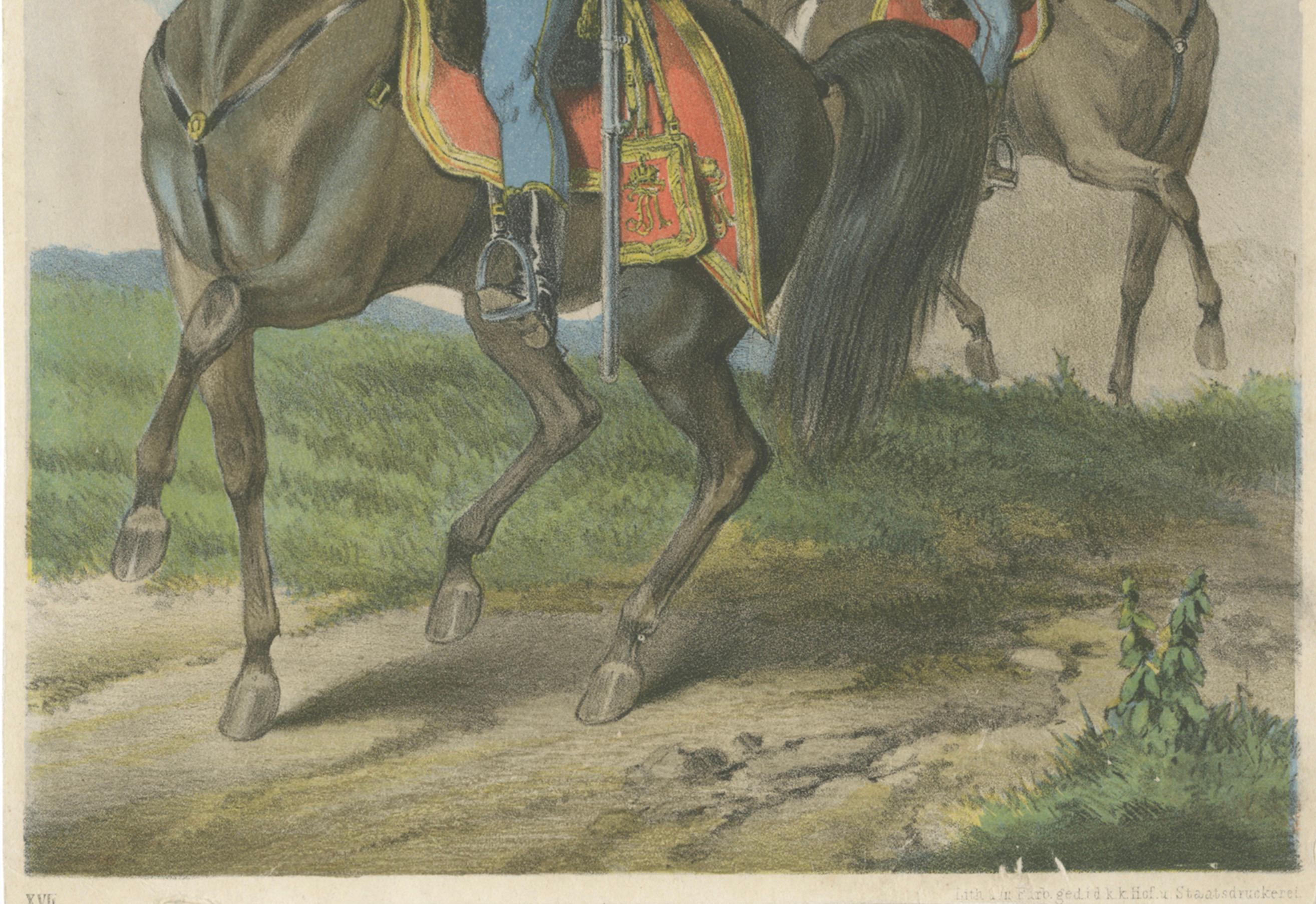 Austrian Antique Print – Hungarian Hussars on Horseback, Military Uniforms – 1858 For Sale