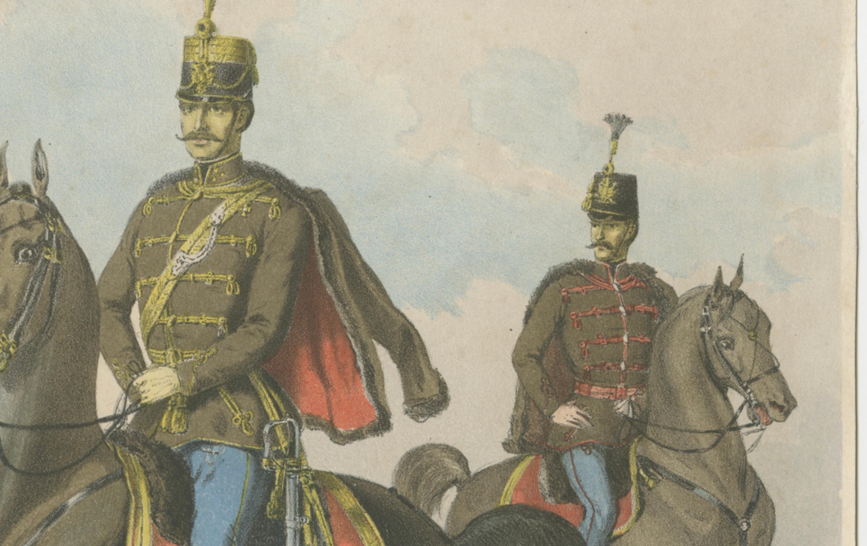 Engraved Antique Print – Hungarian Hussars on Horseback, Military Uniforms – 1858 For Sale