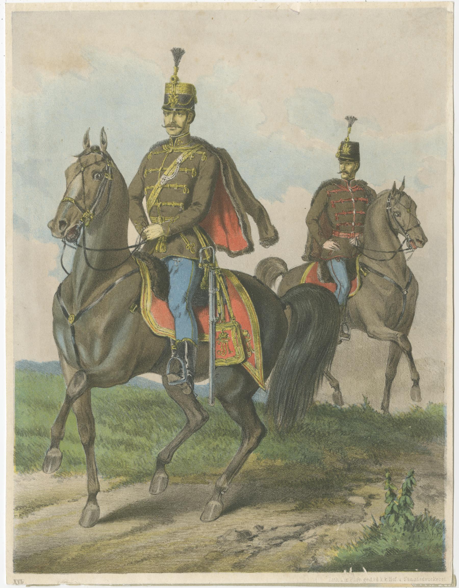 19th Century Antique Print – Hungarian Hussars on Horseback, Military Uniforms – 1858 For Sale