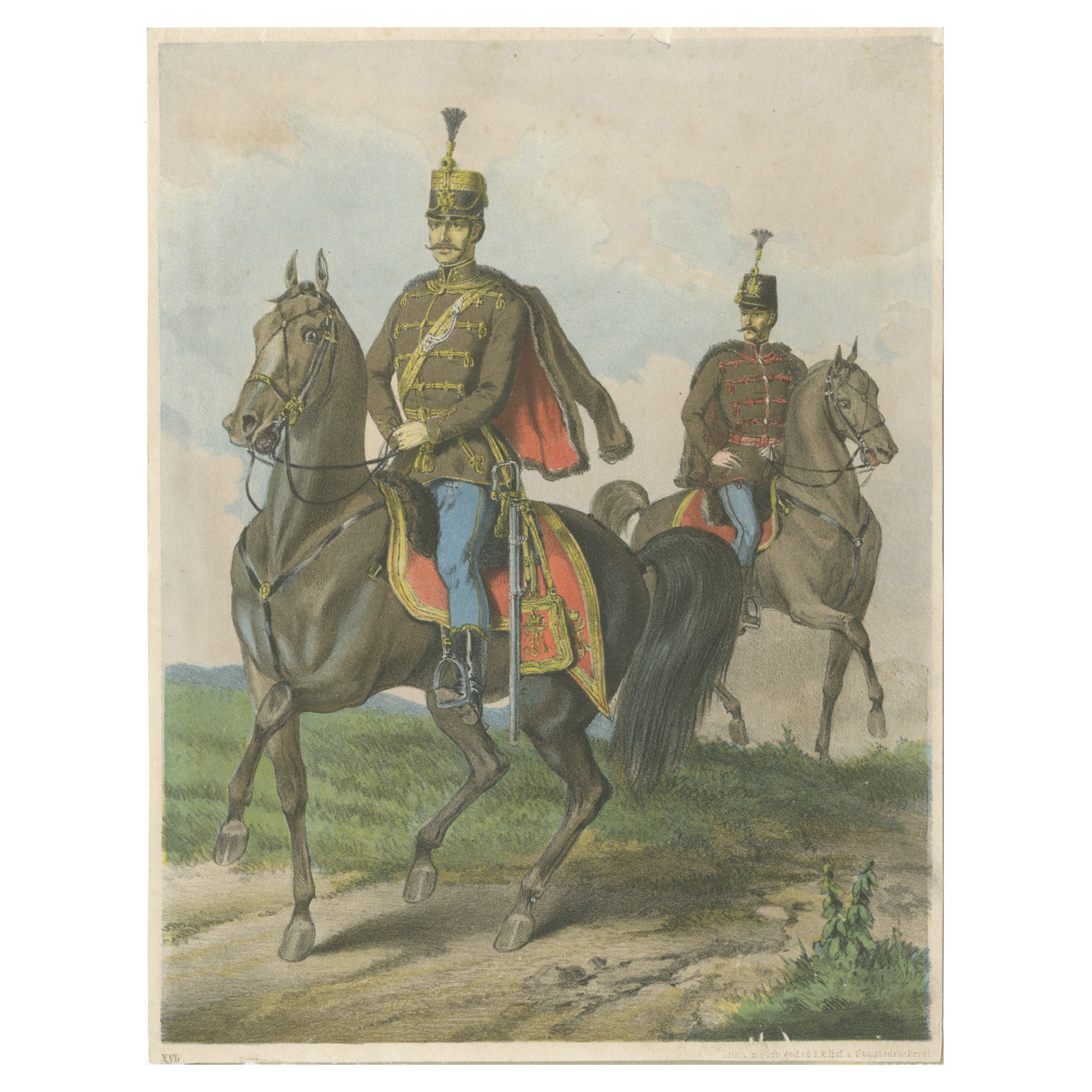 Antique Print – Hungarian Hussars on Horseback, Military Uniforms – 1858 For Sale