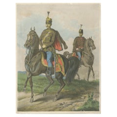 Antique Print – Hungarian Hussars on Horseback, Military Uniforms – 1858