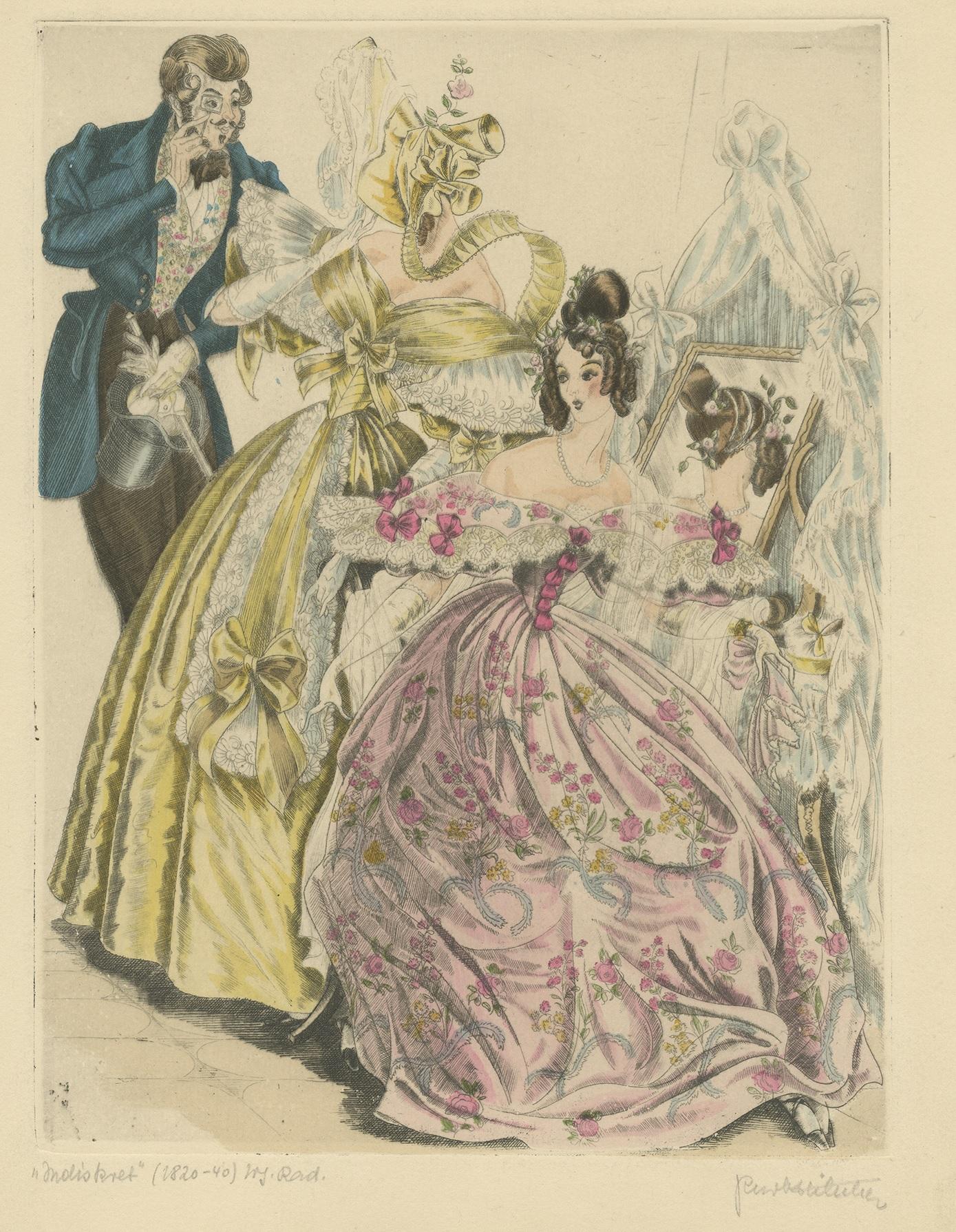Antique print titled 'Indiskret' (1820-1840). Signed print of Hilscher's unique take on romance. Kurt Hilscher (1904–1980) was a German commercial illustrator. Hilscher studied in 1924–1926 at the Dresden Academy of Fine Arts under Max Frey and in