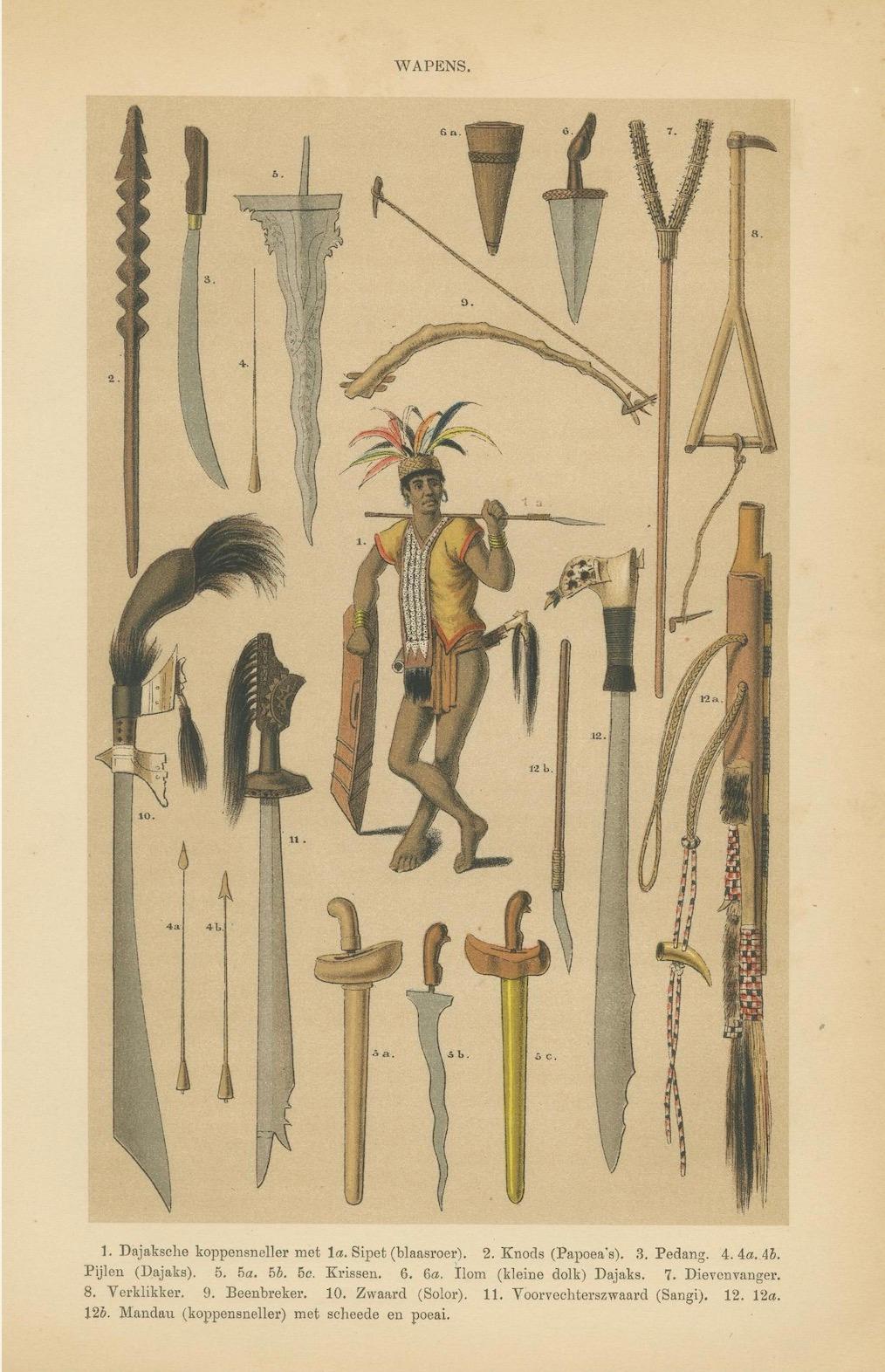 Antique Print – Javanese & Dayak Weapons, Spears, Kris & Ceremonial Arms – c.1860

This finely hand-colored lithograph, titled Wapens (Weapons), provides a remarkable ethnographic survey of traditional arms from the Indonesian archipelago,
