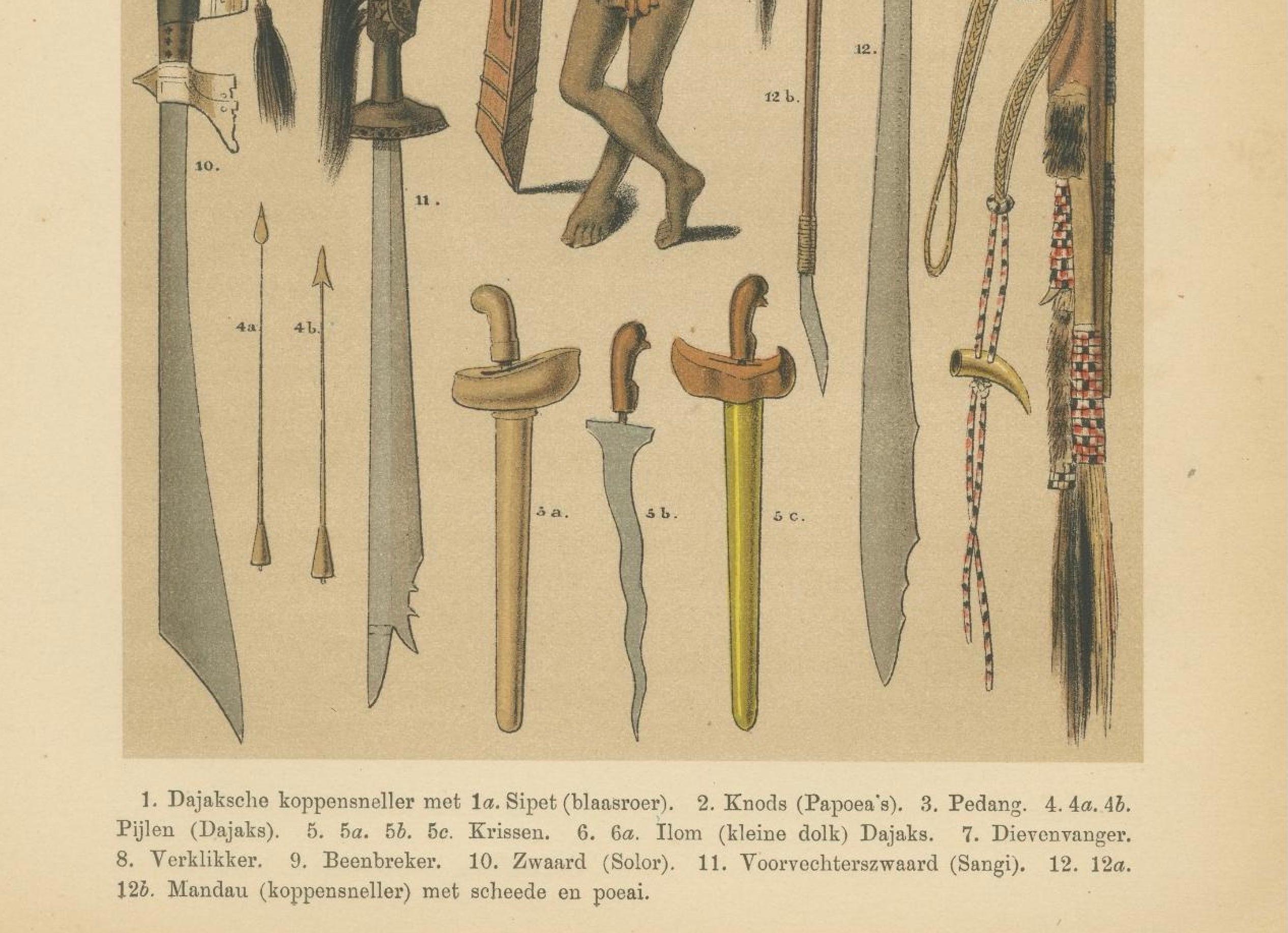 Dutch Antique Print – Javanese & Dayak Weapons, Spears, Kris & Ceremonial Arms – 1860 For Sale