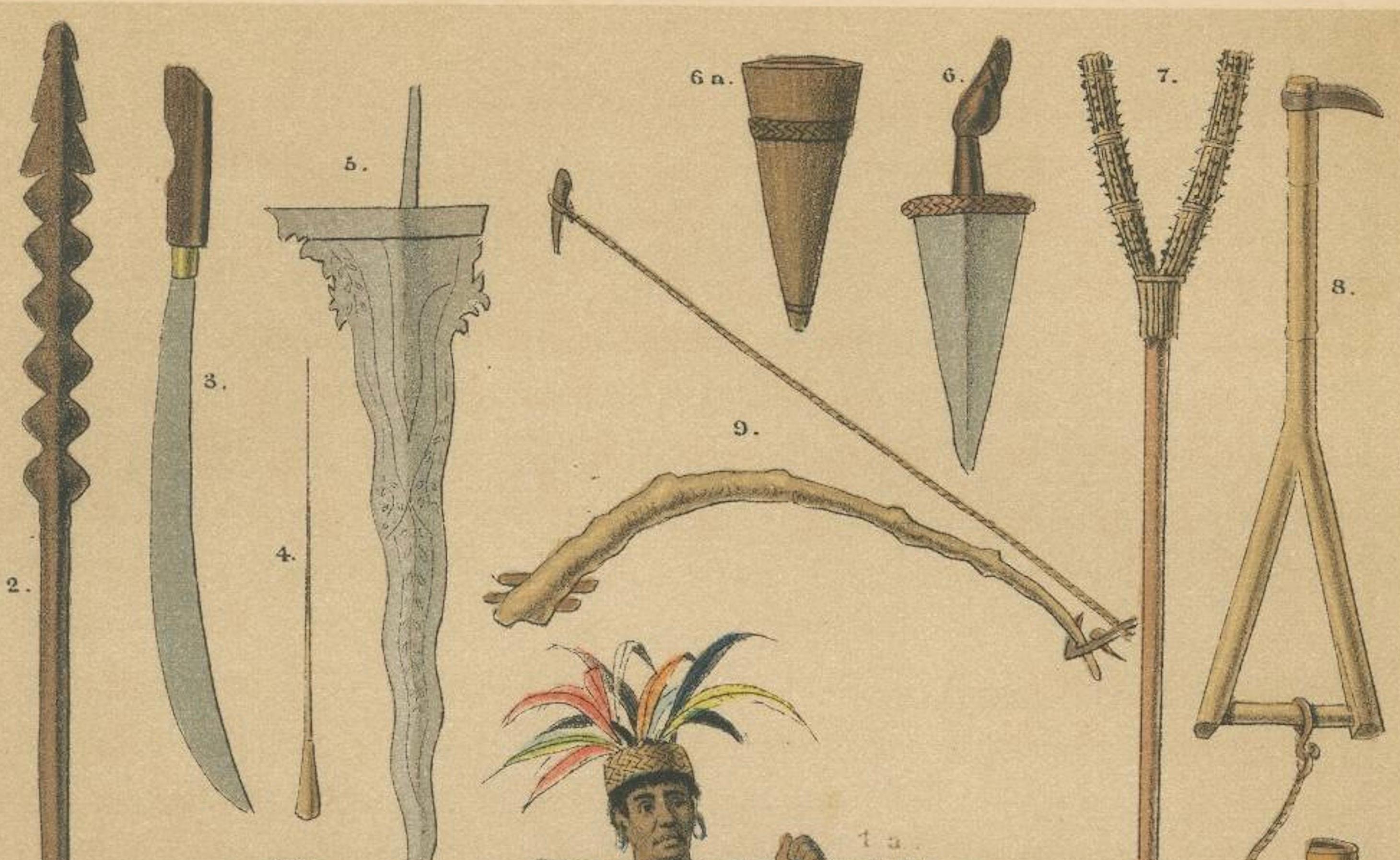 Engraved Antique Print – Javanese & Dayak Weapons, Spears, Kris & Ceremonial Arms – 1860 For Sale
