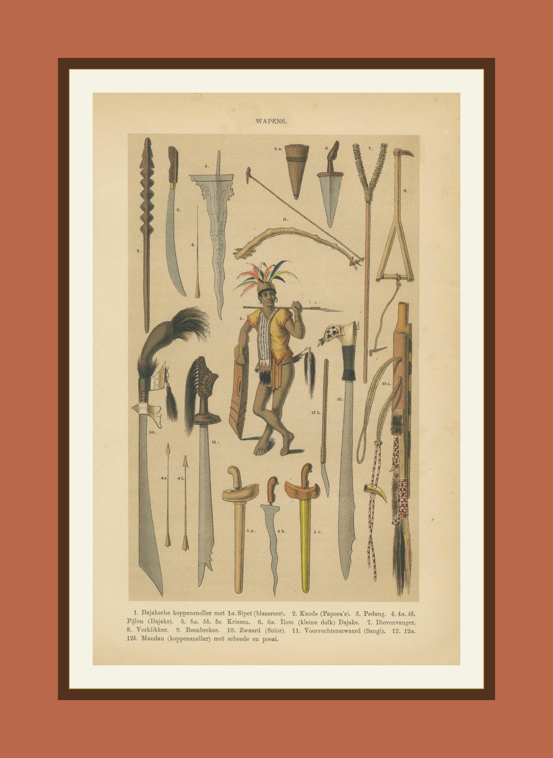 Antique Print – Javanese & Dayak Weapons, Spears, Kris & Ceremonial Arms – 1860 In Good Condition For Sale In Langweer, NL