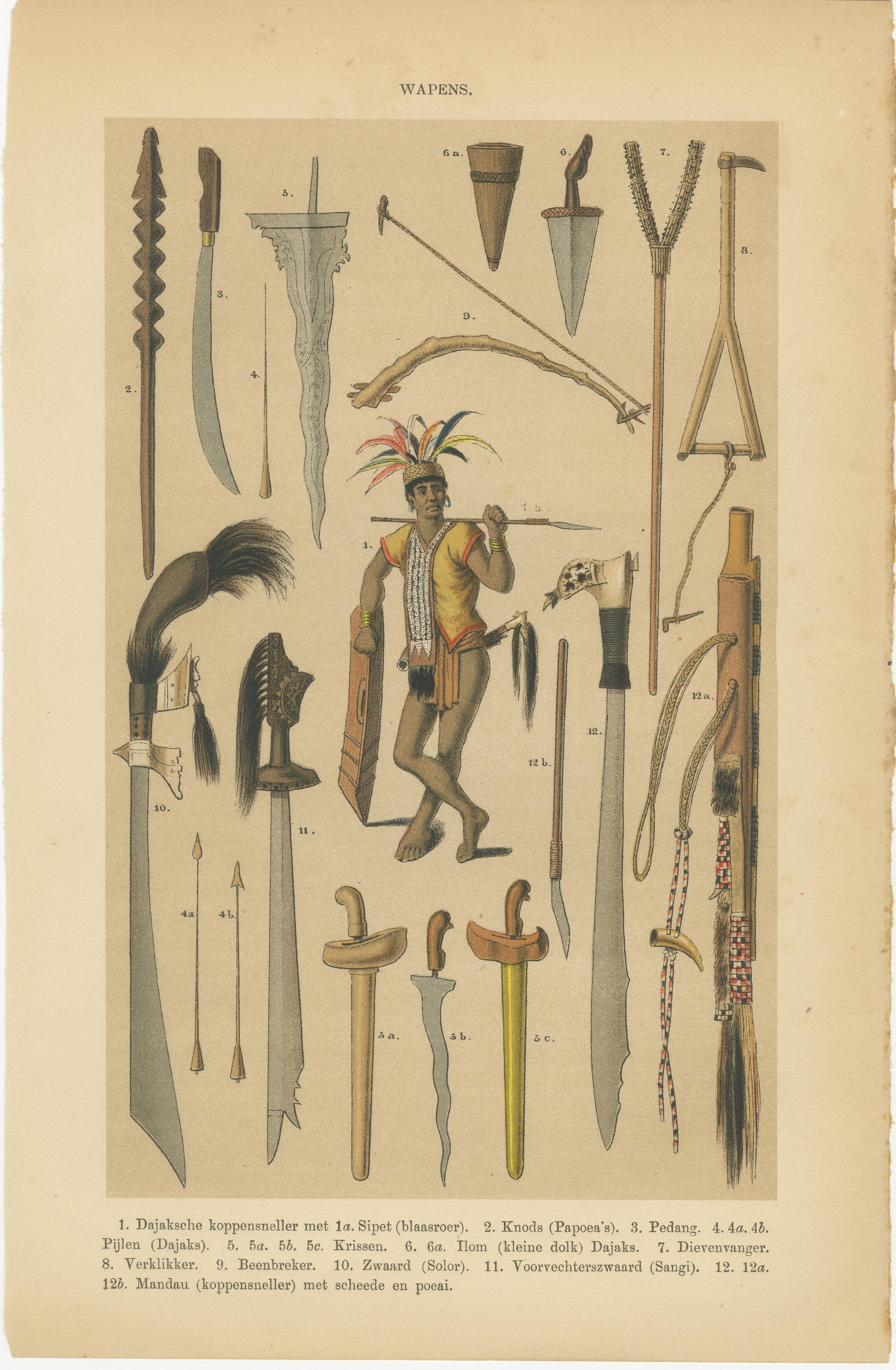 19th Century Antique Print – Javanese & Dayak Weapons, Spears, Kris & Ceremonial Arms – 1860 For Sale