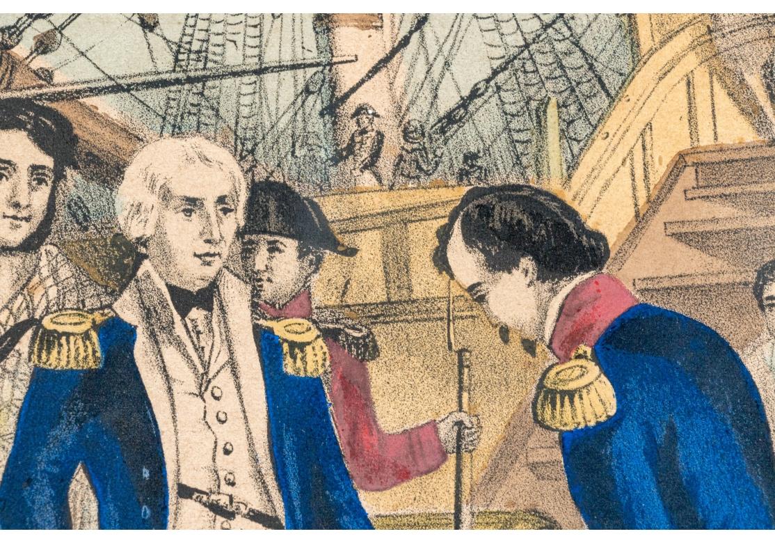Gravure coloriée à la main représentant Lord Nelson recevant l'épée de l'amiral espagnol à bord du San Joseph lors de la bataille de St. Vincent. L'impression avec la certification collée au verso.
Présenté dans un cadre en érable piqué, bordure