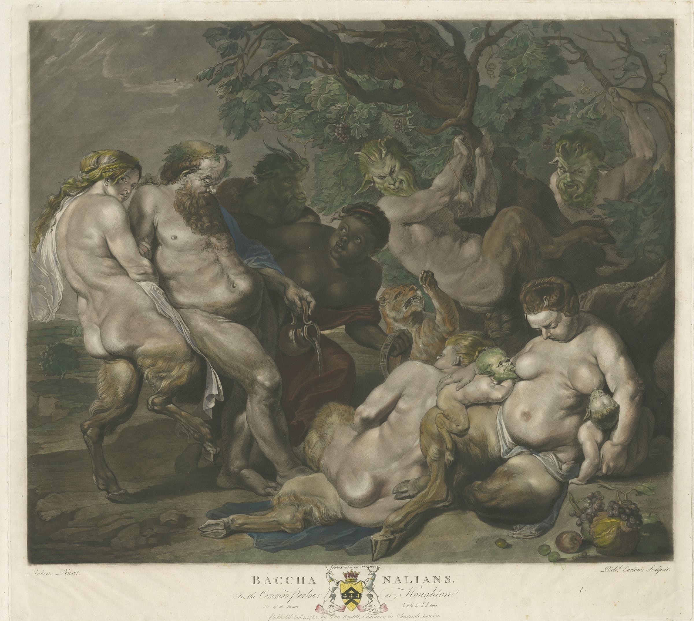 Antique print titled 'Baccha Nalians'. Rare large-sized mezzotint made after the painting 'The March of Silenus' by Peter Paul Rubens. A drunken Silenus slouching at left and letting his jug spill, supported by a fauness and a black woman holding a
