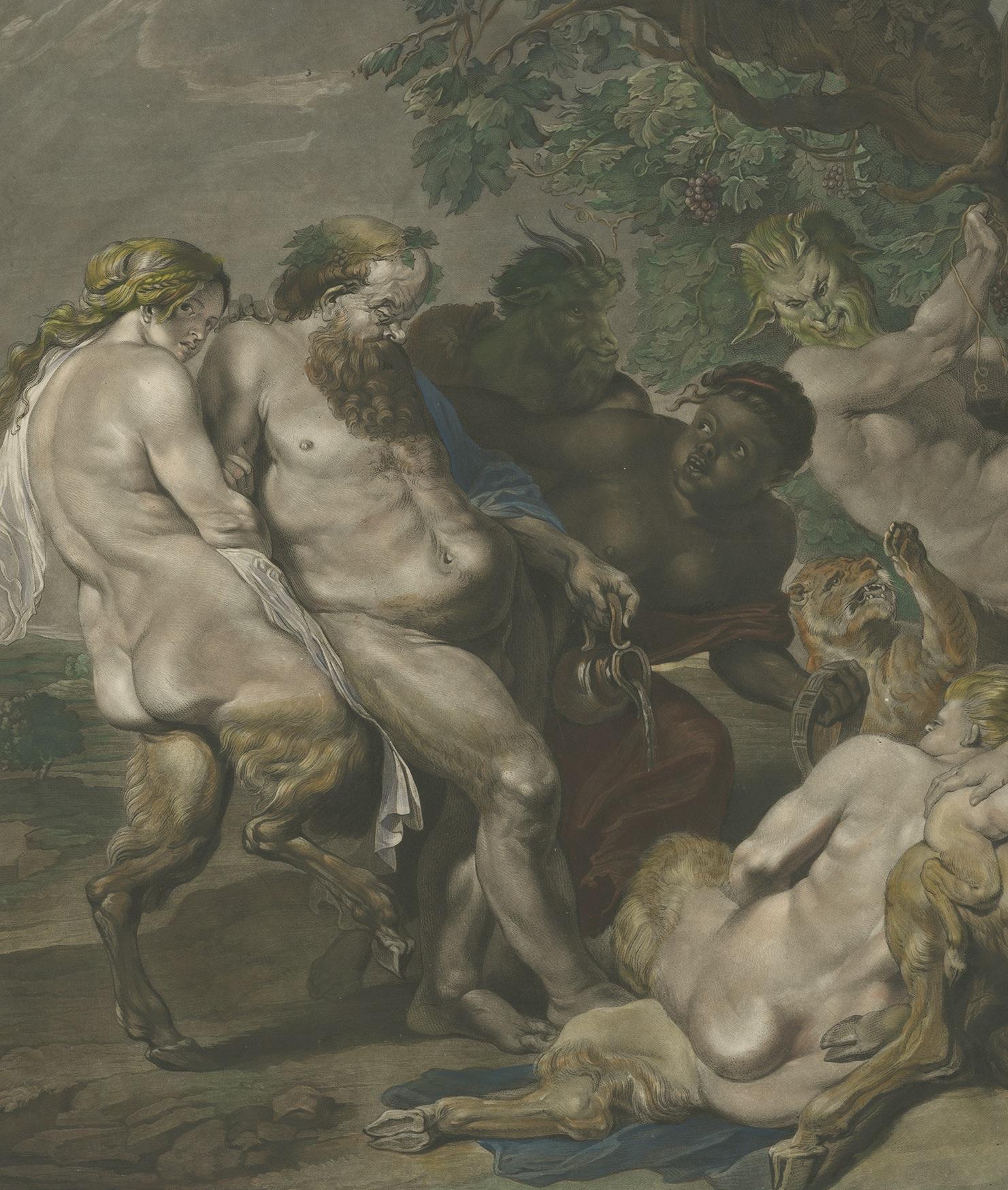 Impression ancienne réalisée d'après le tableau « Le Marché de Silénus » de Rubens (1785) État moyen - En vente à Langweer, NL