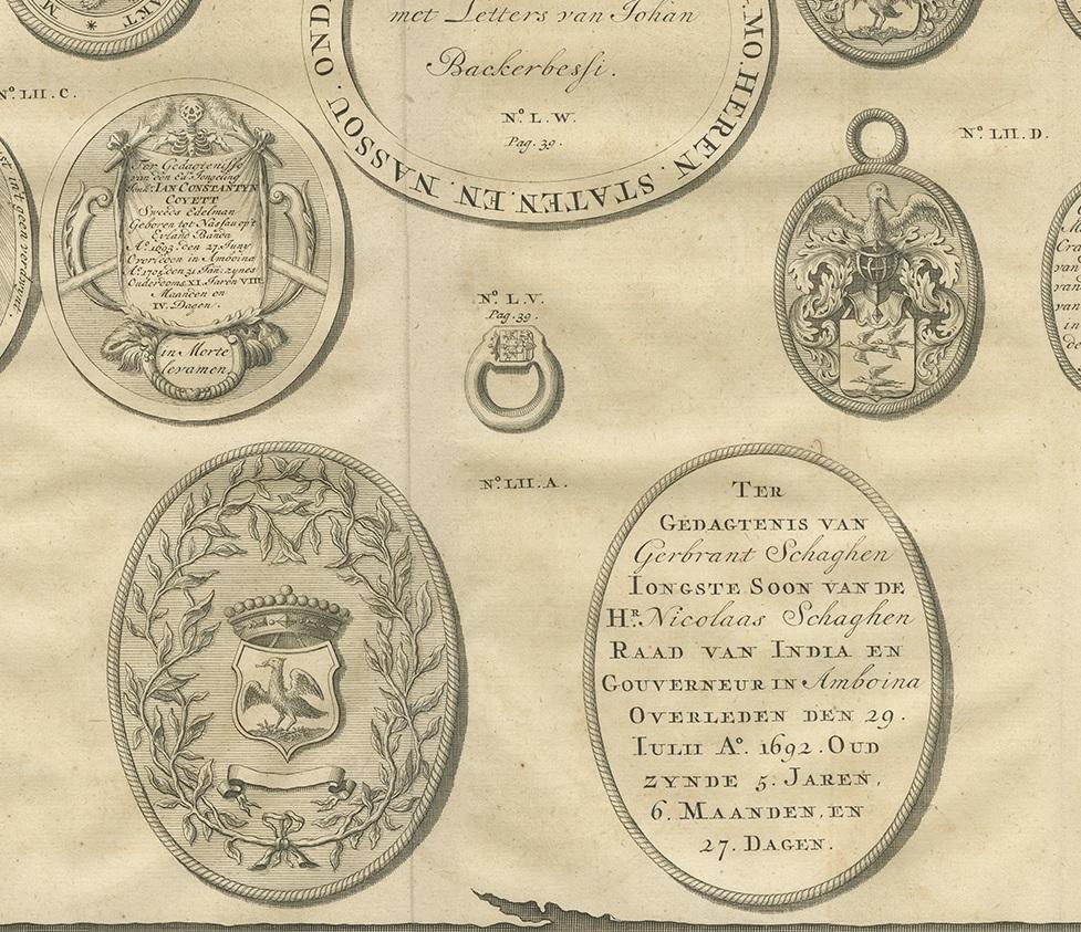 Antique print of memorial plaques, coats of arms and a signet ring, all related to the Dutch administration on Ambon, Indonesia. This print originates from 'Oud en Nieuw Oost-Indiën' by F. Valentijn.