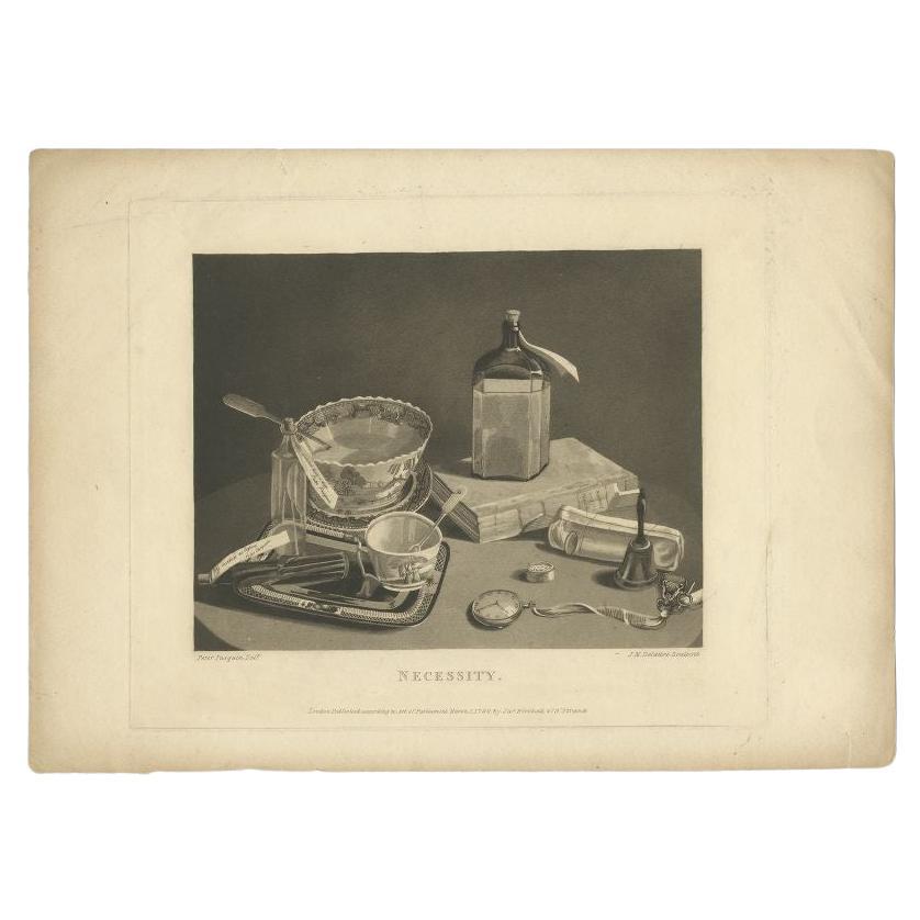 Antique Print 'Necessity' Depicting a Table with Porcelain and Silverware, 1796 For Sale