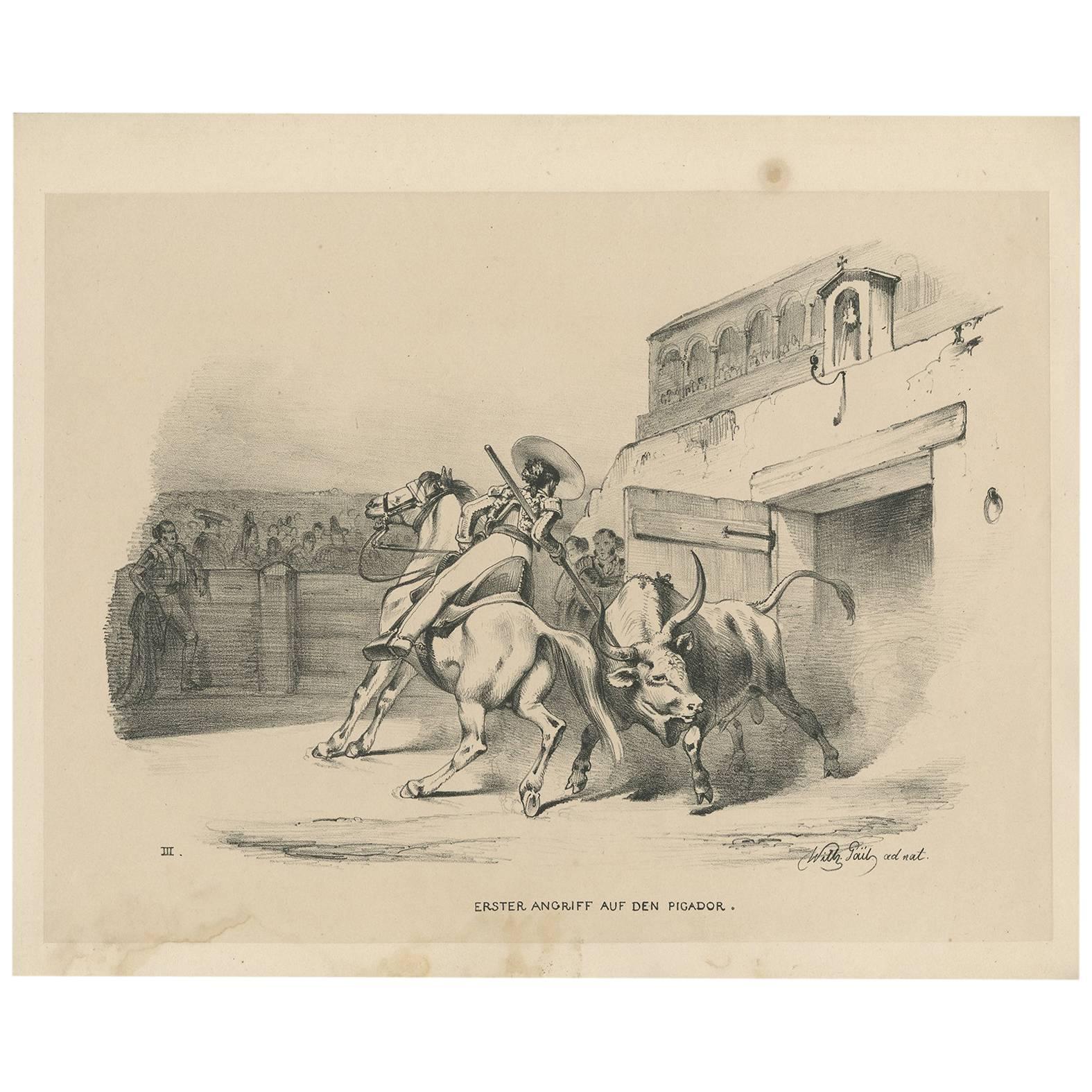 Antique Print 'No. III' of Bull Fighting 'Spain' by W. Gaïl, circa 1834 For Sale