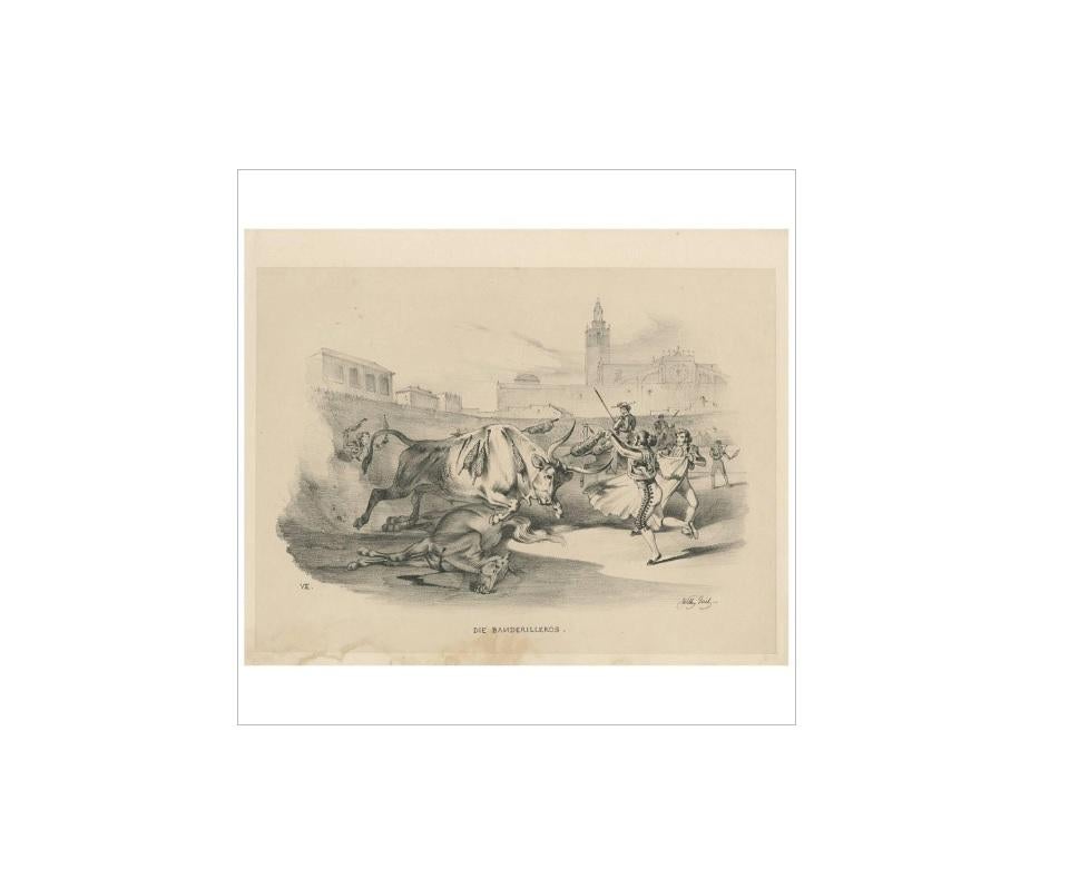 Antique Print 'No. VII' of Bull Fighting 'Spain' by W. Gaïl, circa 1834 In Good Condition For Sale In Langweer, NL
