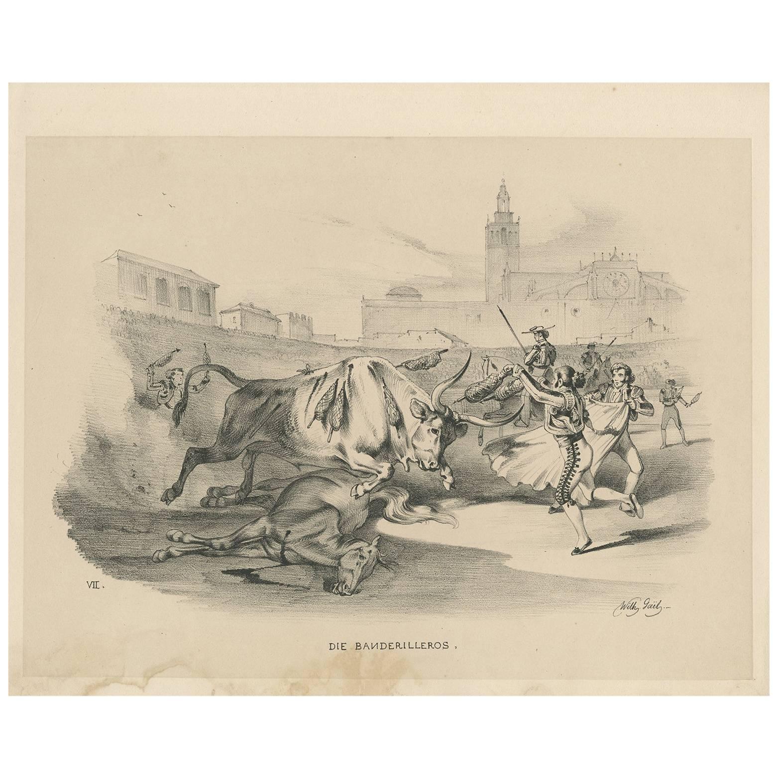 Antique Print 'No. VII' of Bull Fighting 'Spain' by W. Gaïl, circa 1834 For Sale