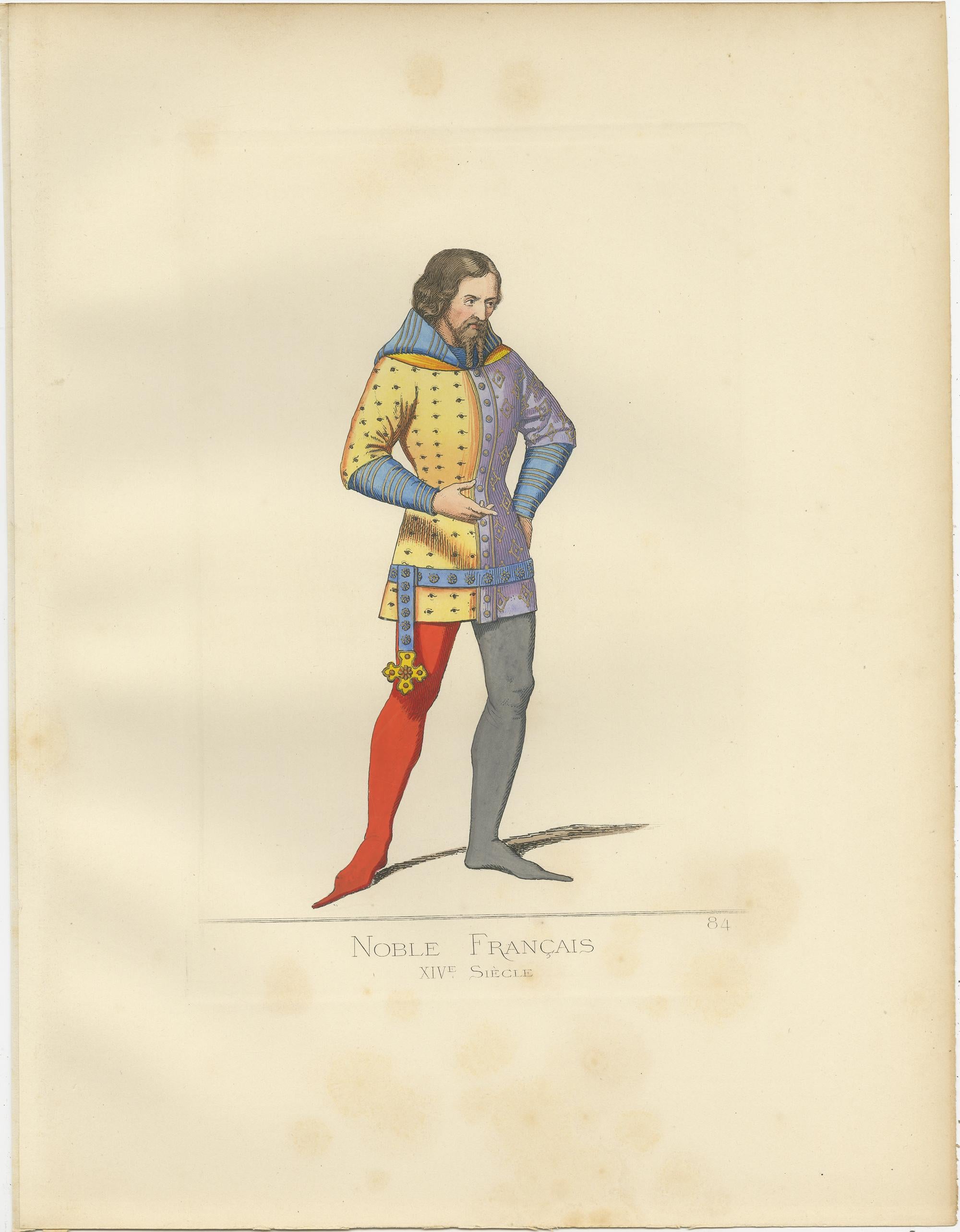 Antique print titled ‘Noble Francais, XIVe Siecle.’ Original antique print of a Noble Frenchman from the 14th century. This print originates from 'Costumes historiques de femmes du XIII, XIV et XV siècle' by C. Bonnard. Published, 1860.