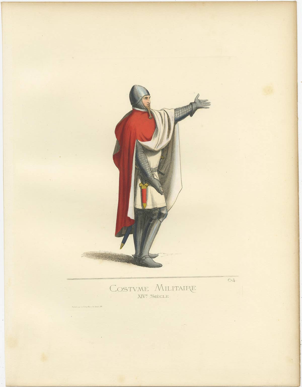 Antique Print of a 14th Century Italian Military Costume by Bonnard, 1860