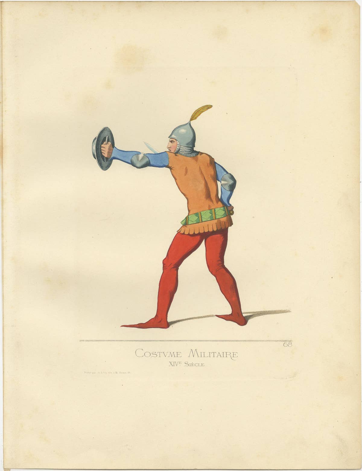 Antique Print of a 14th Century Italian Military Costume by Bonnard, 1860
