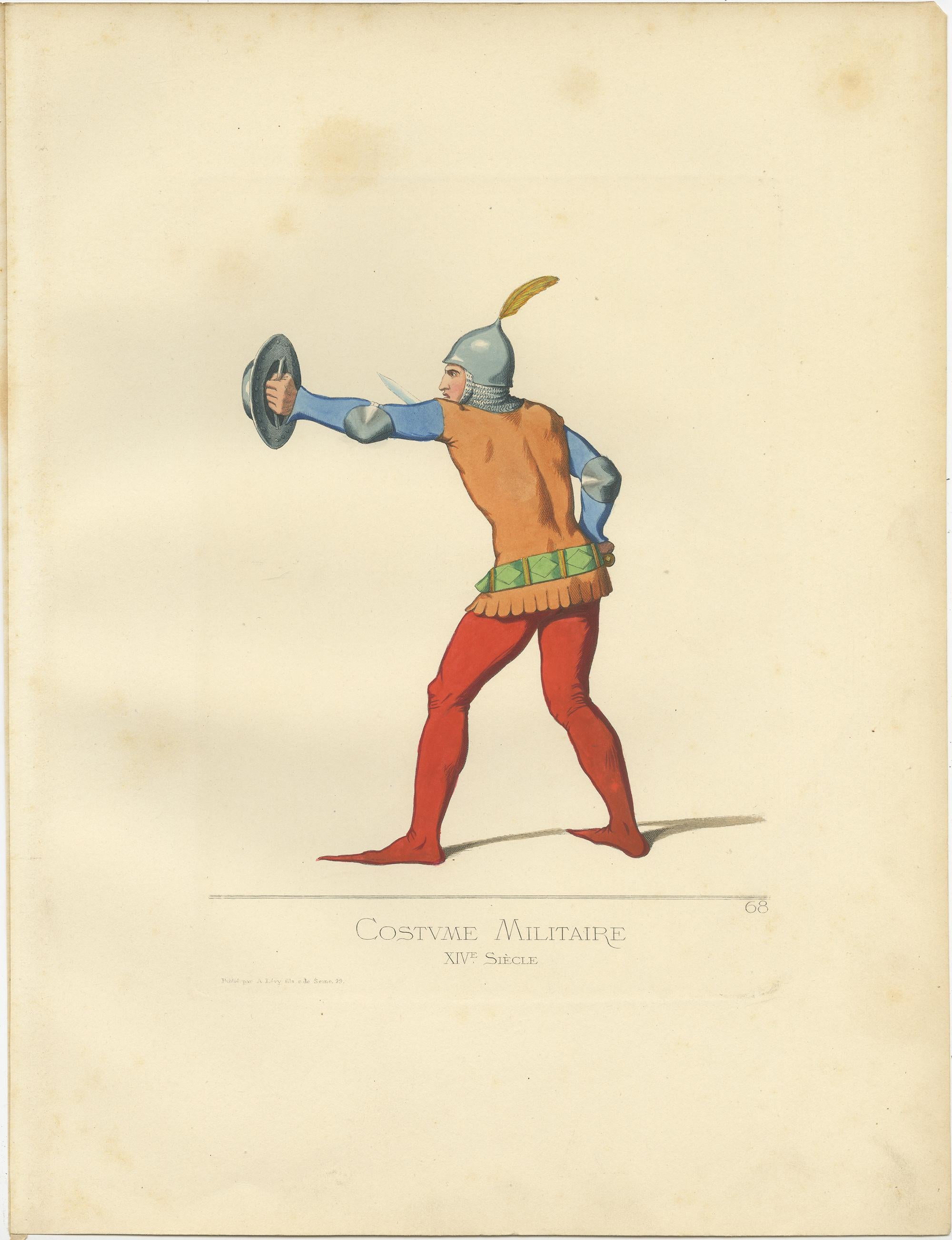 Antique Print of a 14th Century Italian Military Costume by Bonnard, 1860 In Good Condition For Sale In Langweer, NL