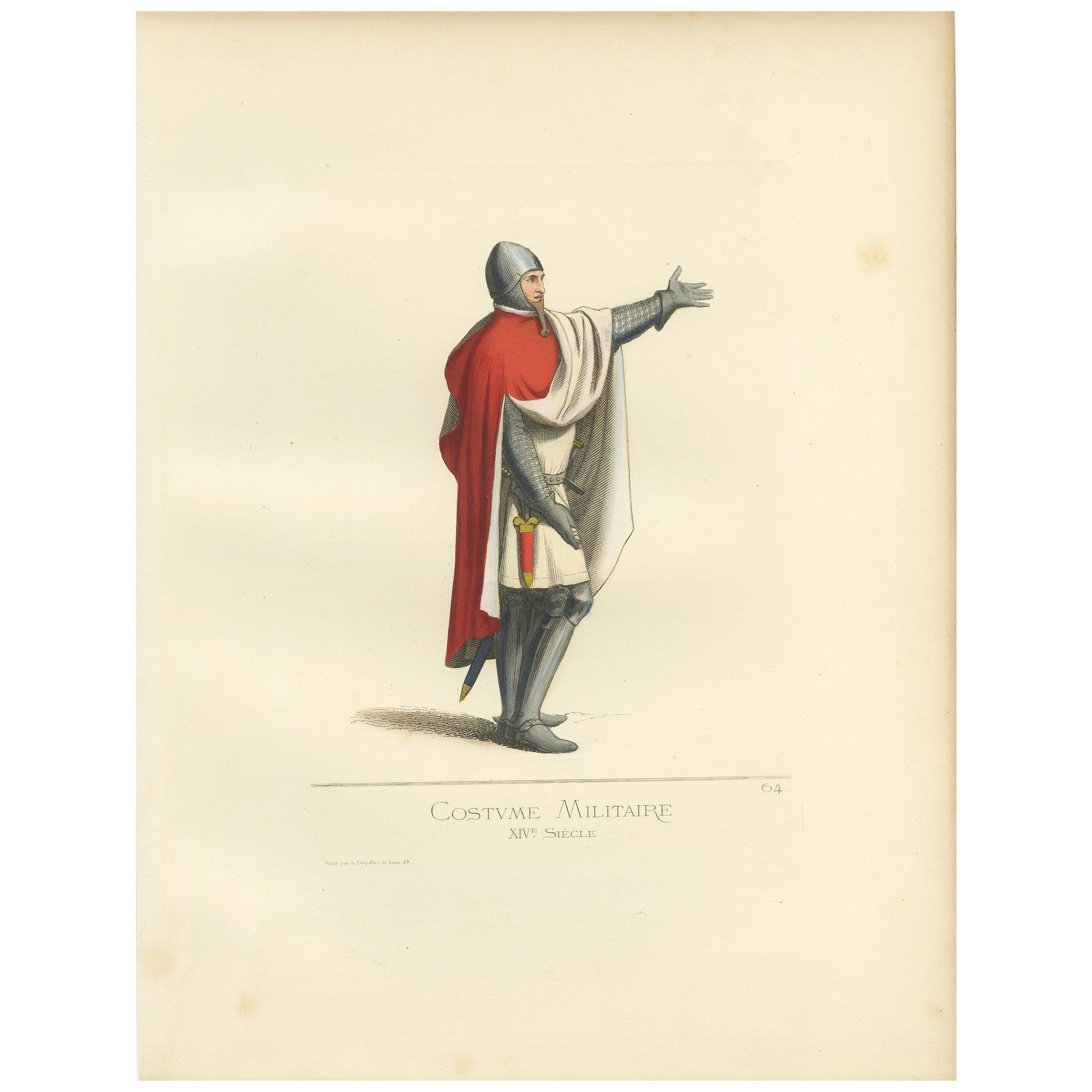 Antique Print of a 14th Century Italian Military Costume by Bonnard, 1860