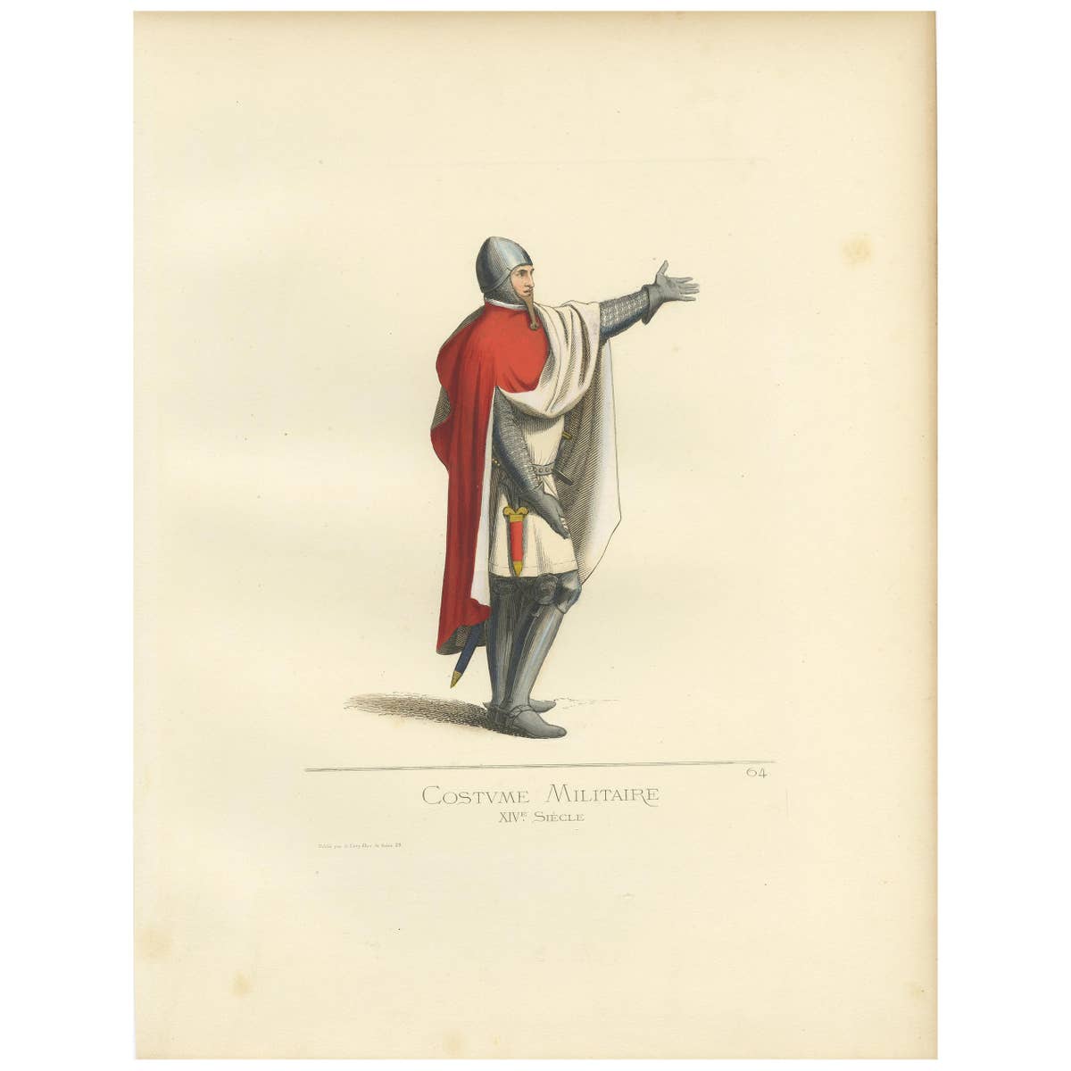 Antique Print of a 14th Century Italian Military Costume by Bonnard, 1860