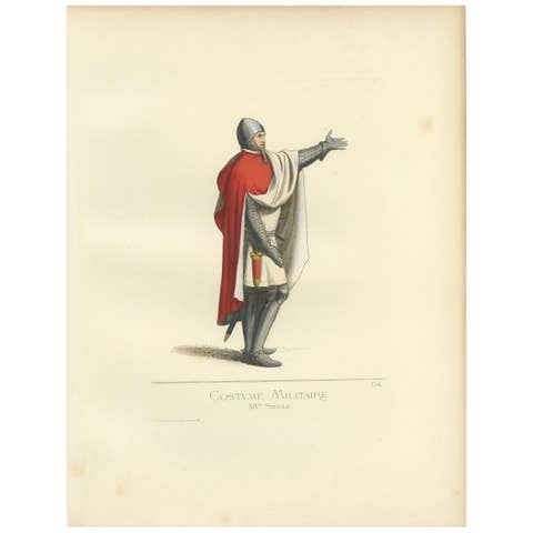 Antique Print of a 14th Century Italian Military Costume by Bonnard, 1860