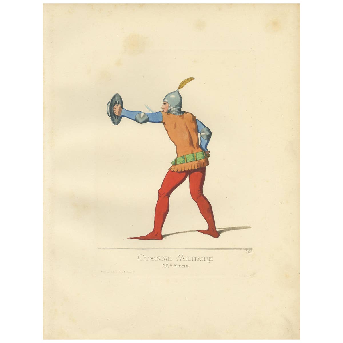 Antique Print of a 14th Century Italian Military Costume by Bonnard, 1860