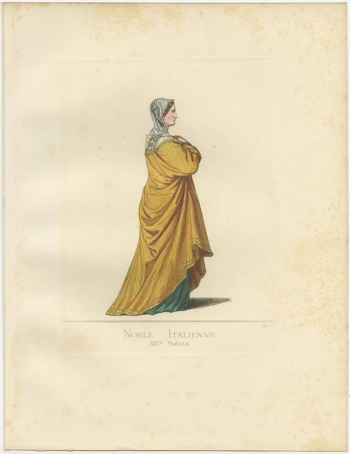 Antique Print of a 14th Century Italian Noblewoman by Bonnard, 1860