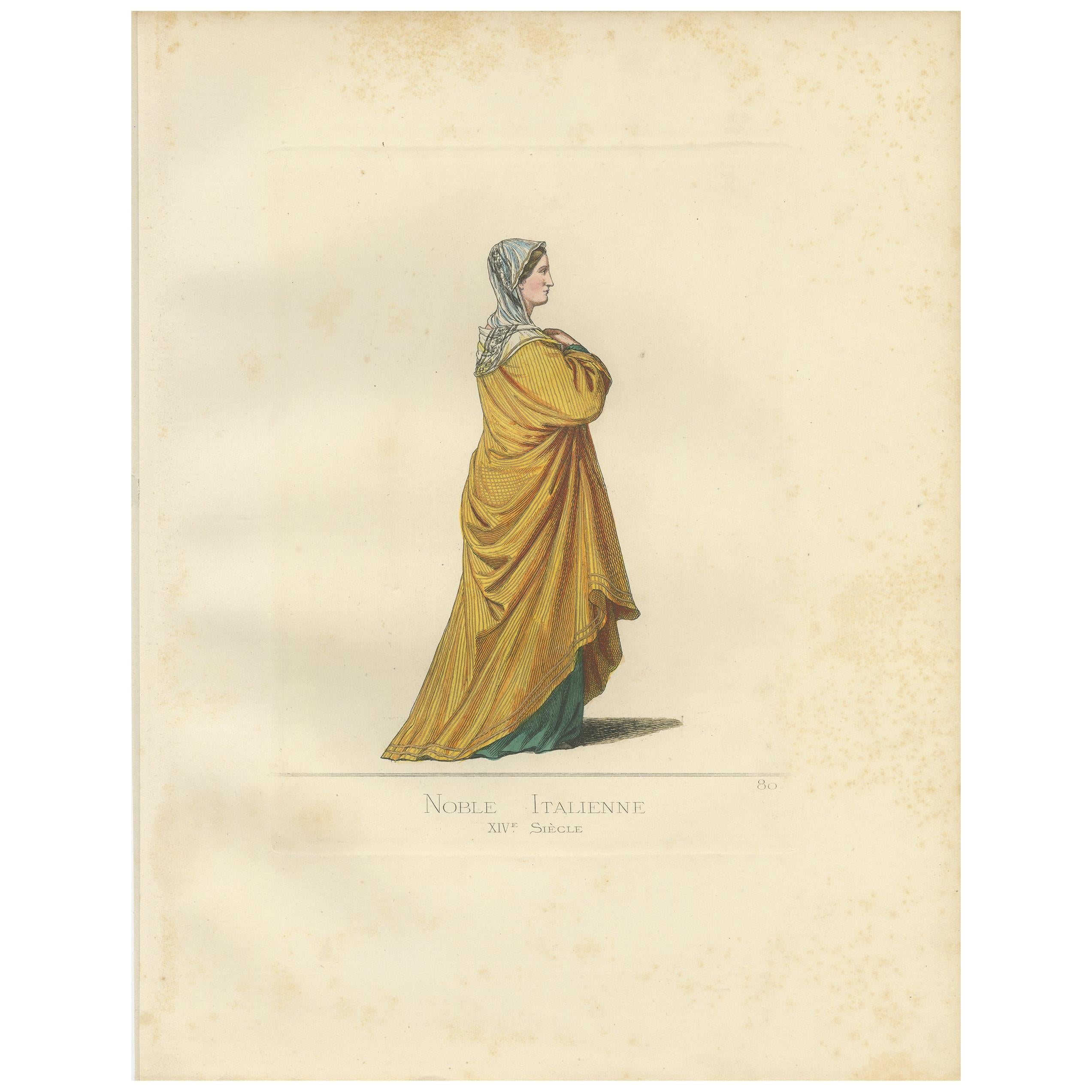 Antiker antiker Druck einer italienischen Adelsfrau aus dem 14. Jahrhundert von Bonnard, 1860