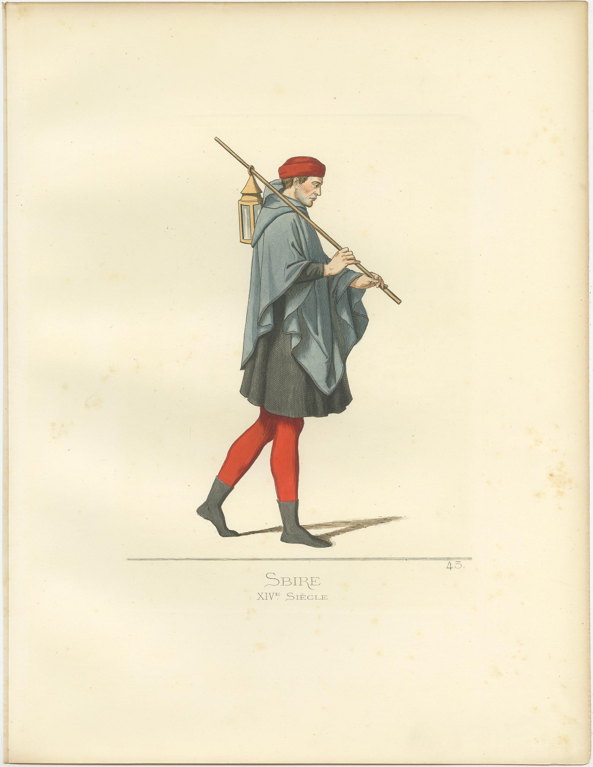 Antique print titled ‘Sbire, XIVe Siecle.’ Original antique print of a sbirre, a name given to a particular class of serjeants and archers in Italy. This print originates from 'Costumes historiques de femmes du XIII, XIV et XV siècle' by C. Bonnard.