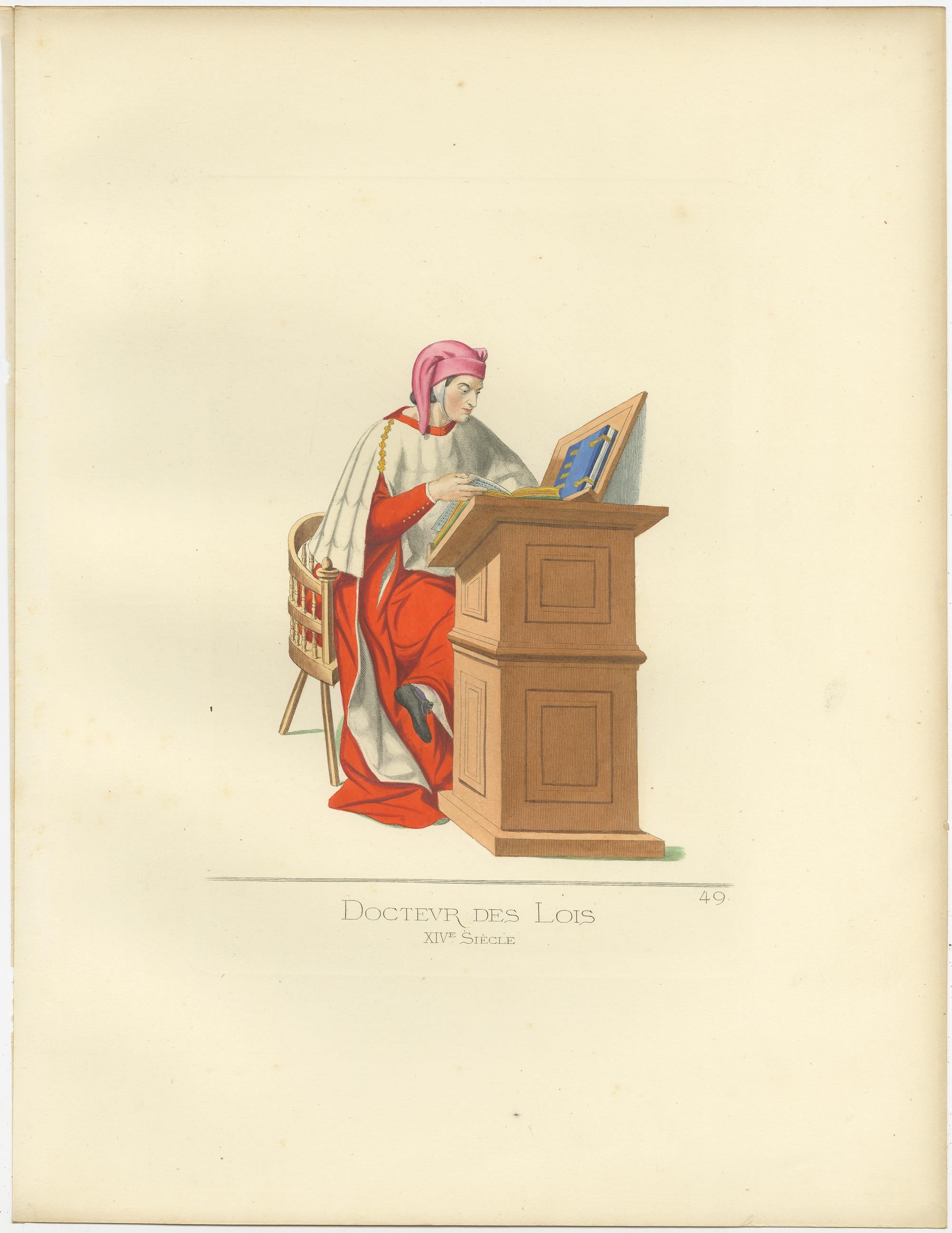 Antique print titled ‘Docteur des Lois, XVe Siecle.’ Original antique print of a law professor, Italy, 15th century. This print originates from 'Costumes historiques de femmes du XIII, XIV et XV siècle' by C. Bonnard. Published, 1860.