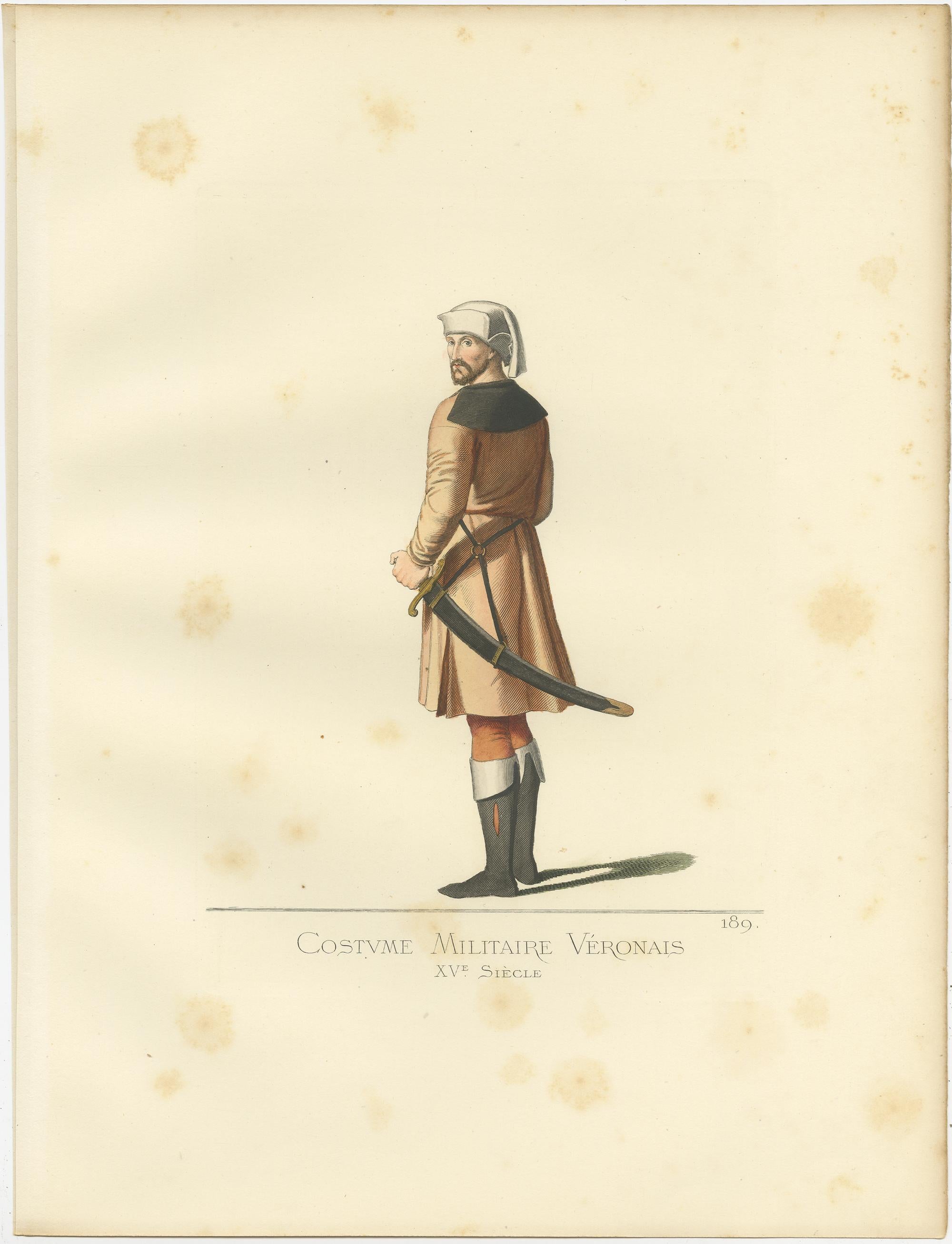 Impression ancienne d'un costume militaire de Vérone du 15e siècle par Bonnard, 1860 Bon état - En vente à Langweer, NL