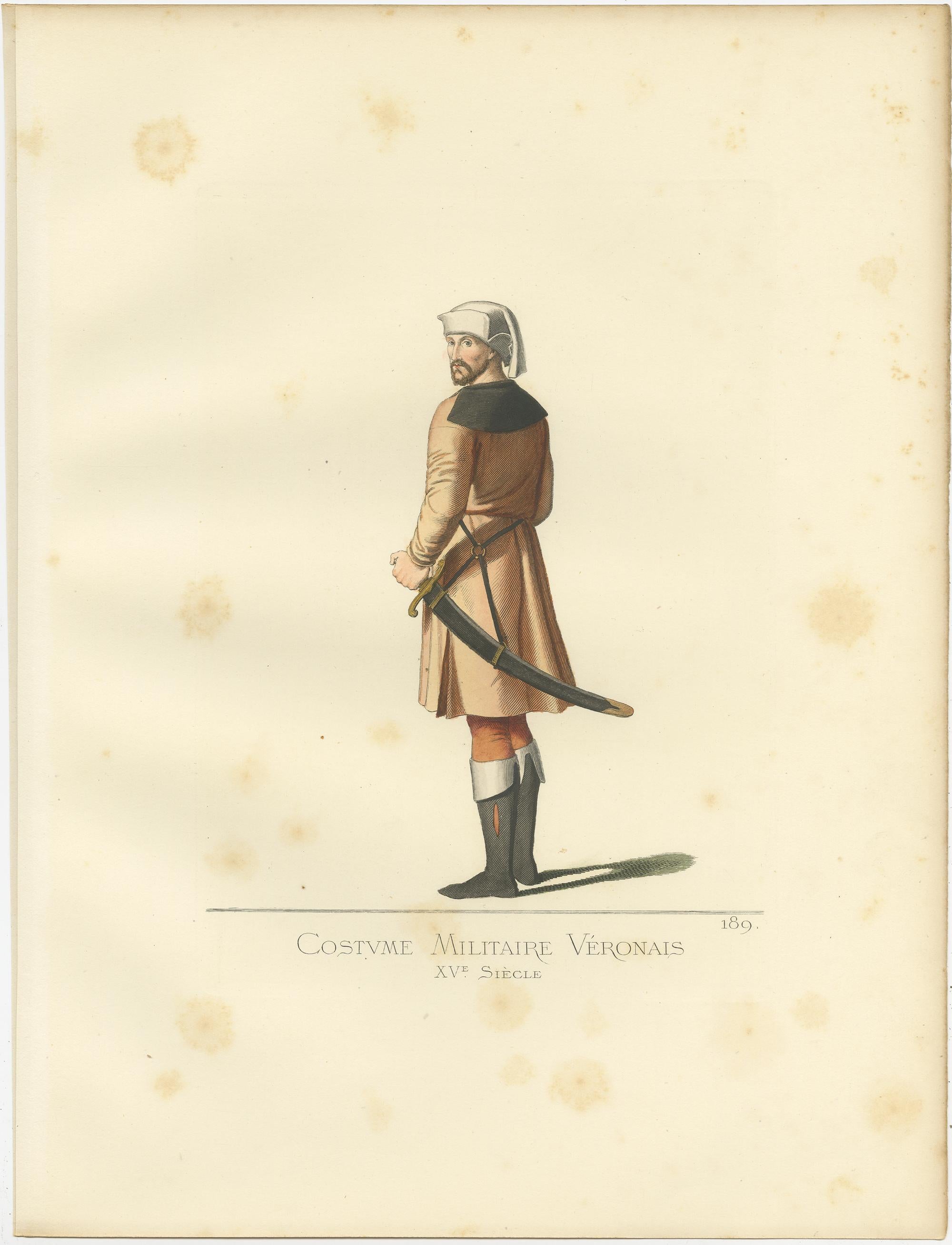 19th Century Antique Print of a 15th Century Veronese Military Costume by Bonnard, 1860 For Sale