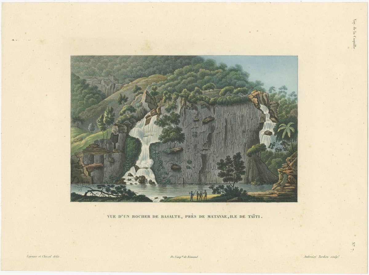 Antique Print of a Basalt Rock Near Matavae, Tahiti, 1826