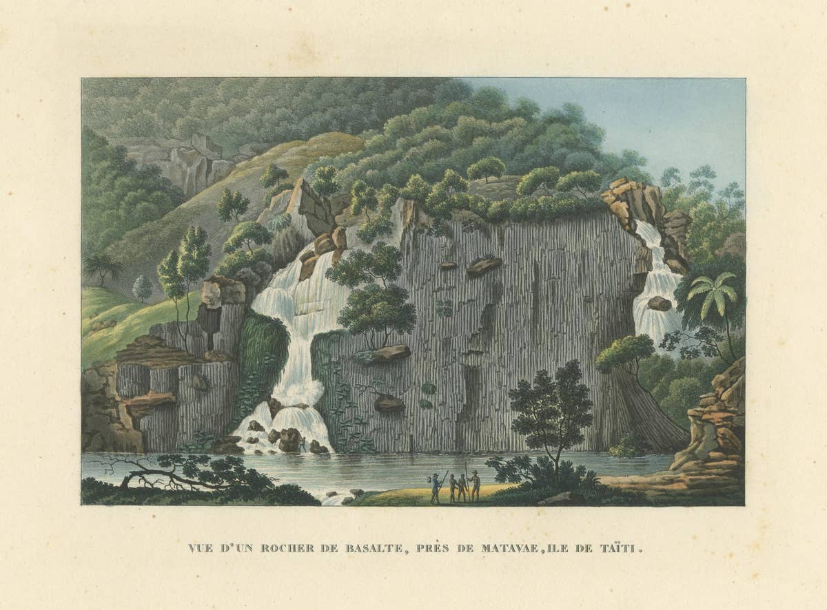 Antique Print of a Basalt Rock Near Matavae, Tahiti, 1826
