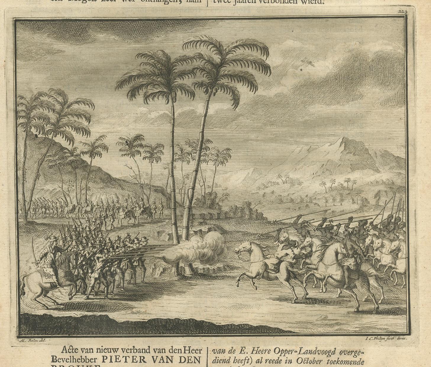 Antiker antiker Druck einer Schlacht im Mughal-Empire von Valentijn, 1726 (Niederländisch) im Angebot
