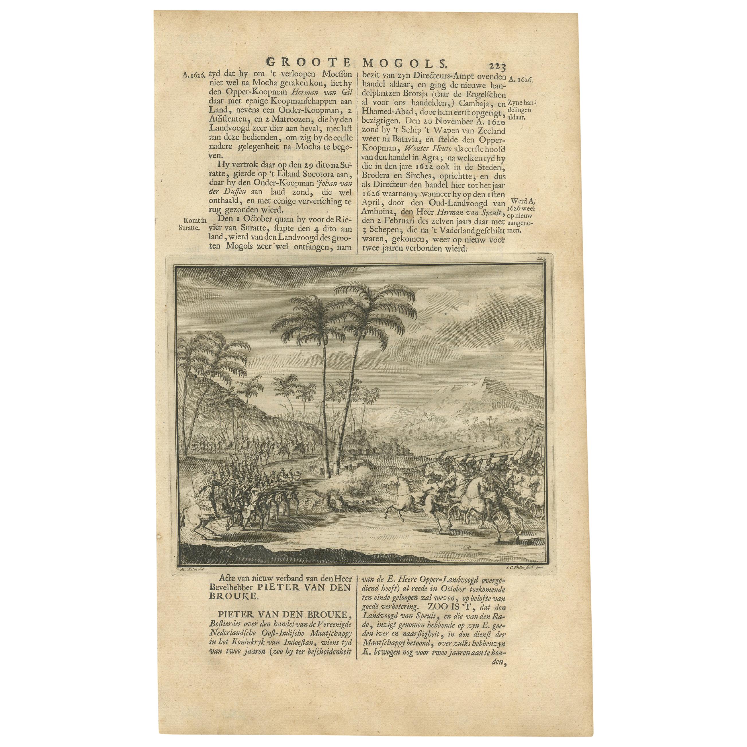Antiker antiker Druck einer Schlacht im Mughal-Empire von Valentijn, 1726