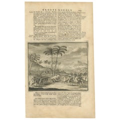 Antiker antiker Druck einer Schlacht im Mughal-Empire von Valentijn, 1726