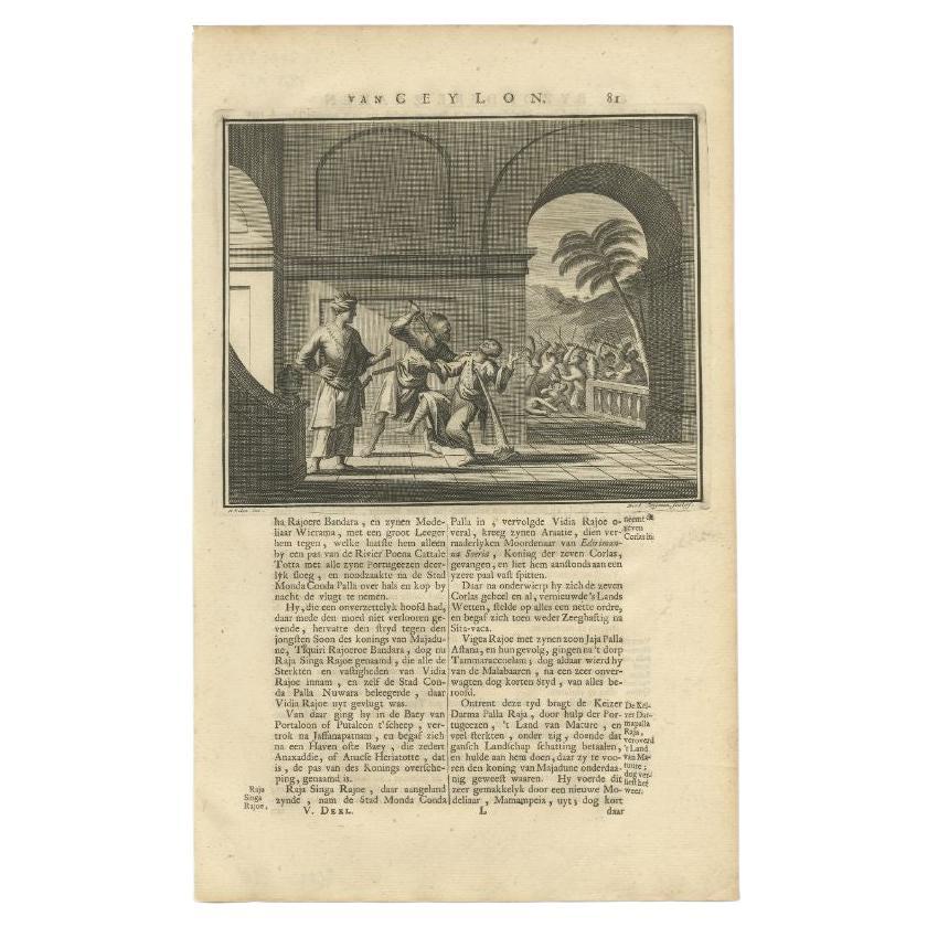 Untitled print of a Battle Scene in Vidia Rajoe, Ceylon. Text on verso. This print originates from 'Oud en Nieuw Oost-Indiën' by F. Valentijn.

Artists and Engravers: François Valentijn (1666-1727), a missionary, worked at Amboina from 1684 to 1694